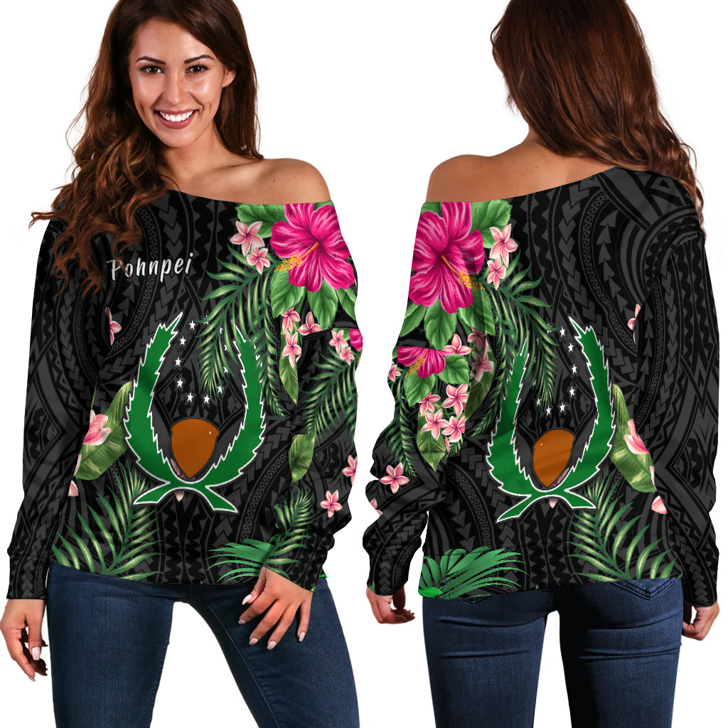 Pohnpei Micronesia Off Shoulder Sweater Tropical Flowers LT13 Black - Polynesian Pride