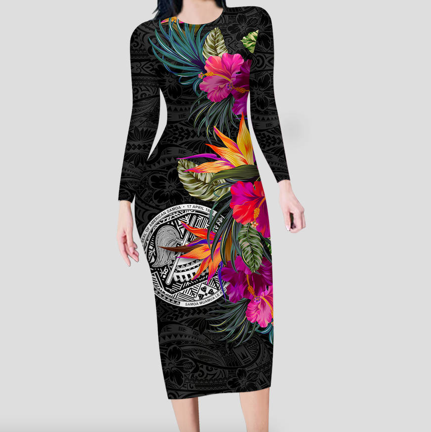 American Samoa Hibiscus Polynesian Tribal Long Sleeves Dress - LT12 Women Black - Polynesian Pride