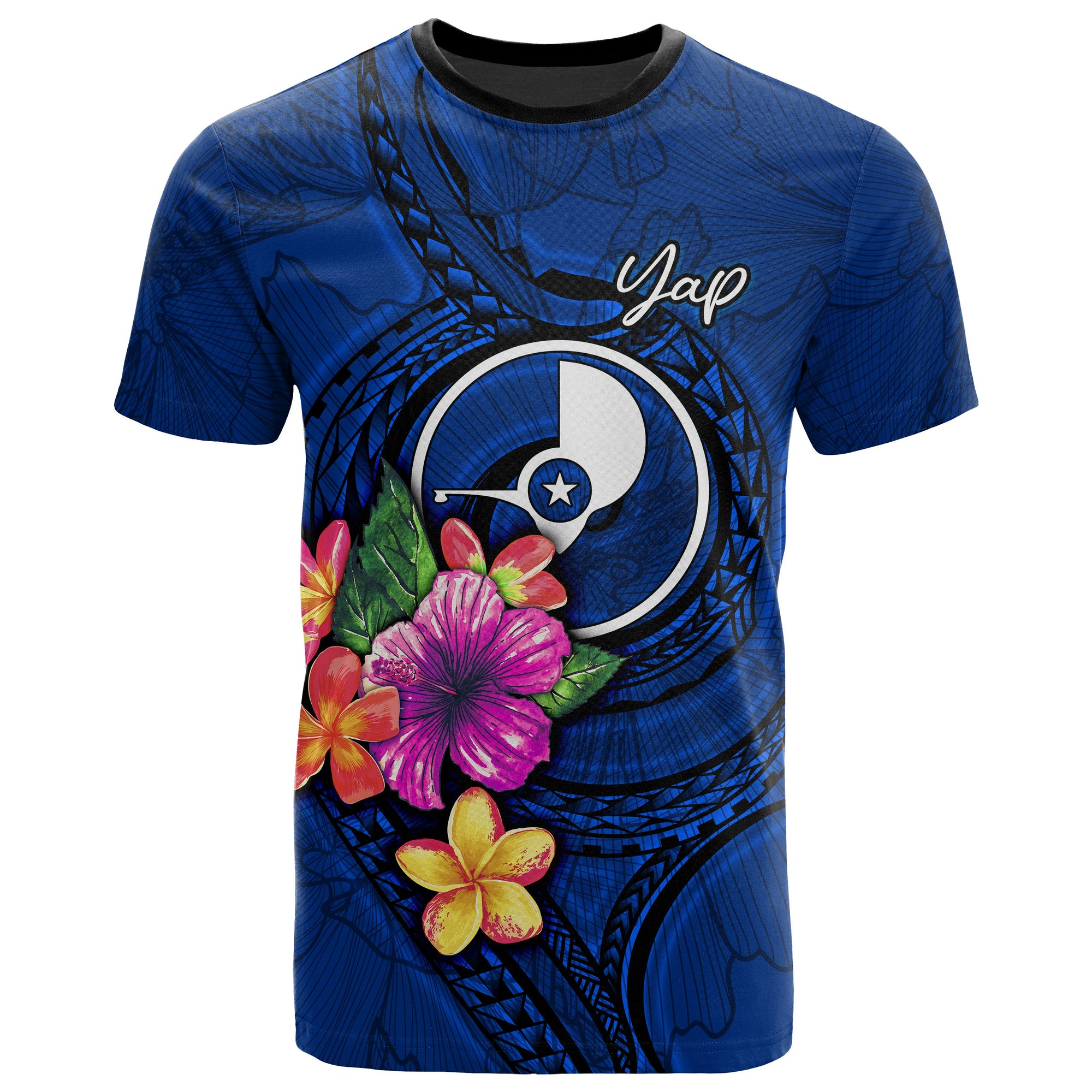 Yap Micronesia T Shirt Floral With Seal Blue Unisex Blue - Polynesian Pride