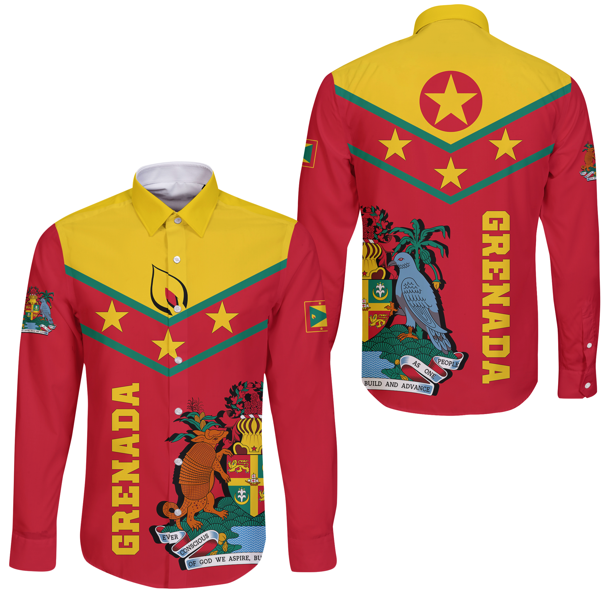 Grenada Long Sleeve Button Shirt - Proud Grenadian - LT12 Unisex Red - Polynesian Pride