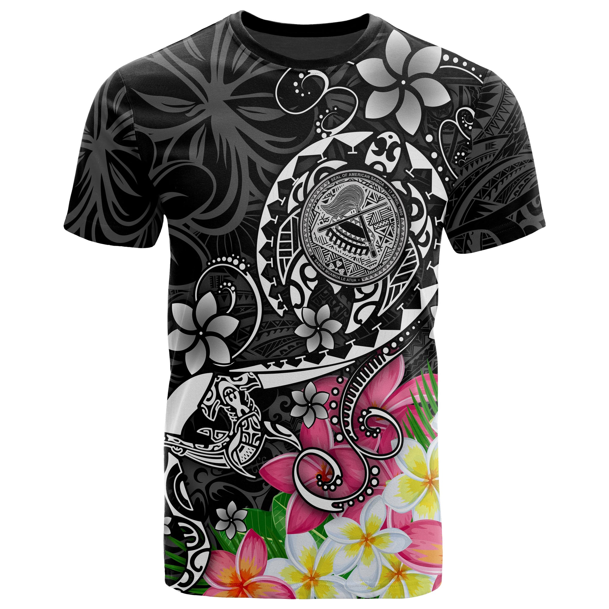 American Samoa Polynesian T Shirt Turtle Plumeria (Black) Unisex Black - Polynesian Pride