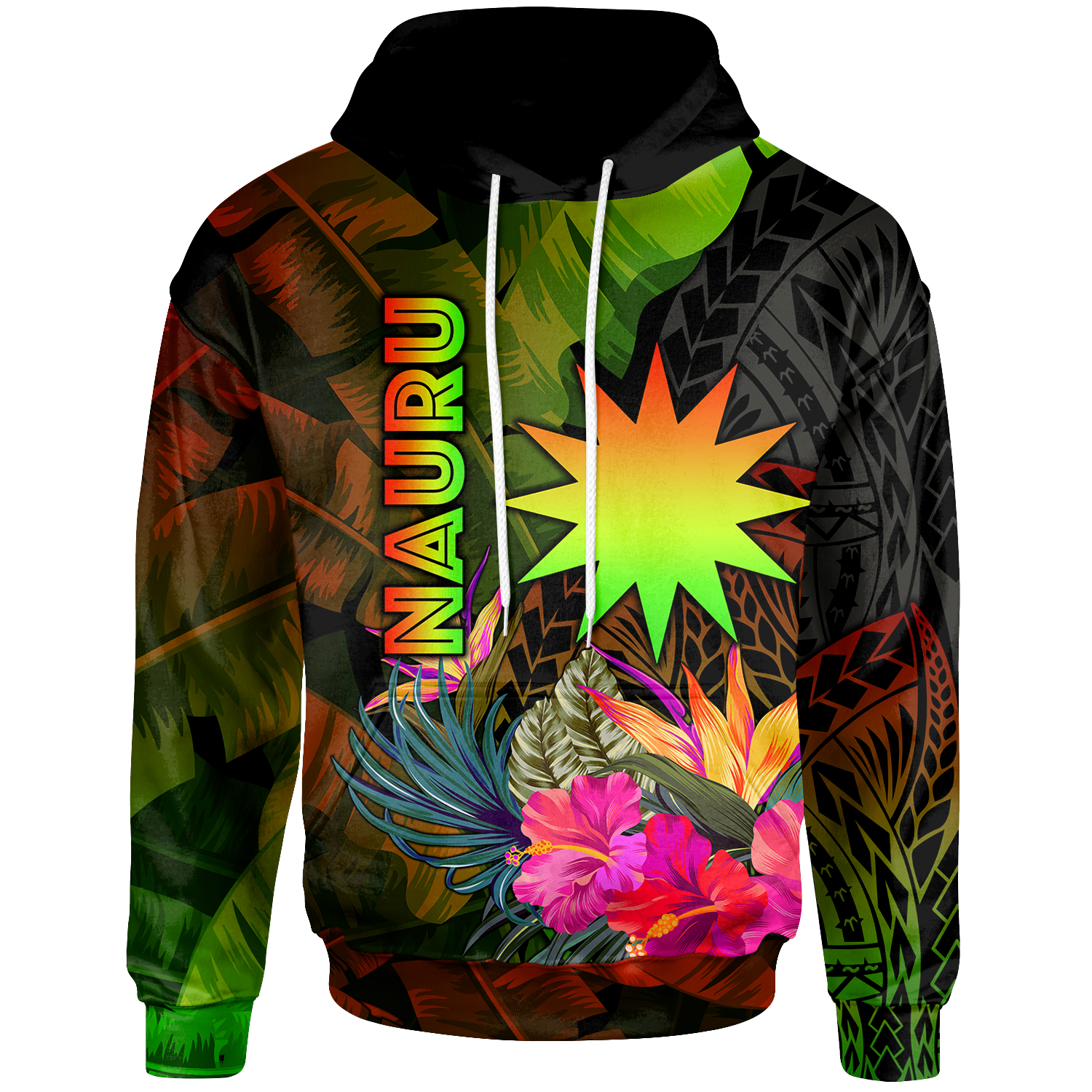 Nauru Polynesian Hoodie Hibiscus and Banana Leaves Unisex Reggae - Polynesian Pride