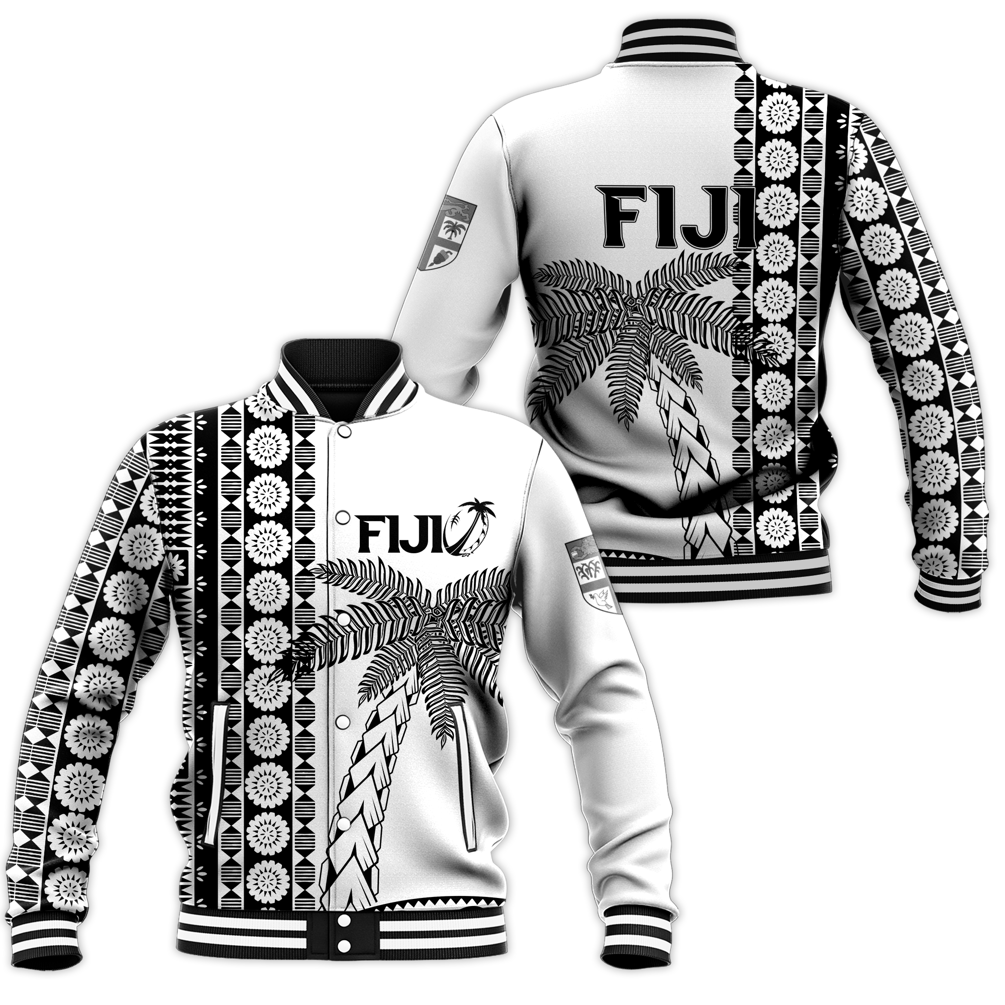 Fiji Rugby Baseball Jacket - Coconut Tree With Tapa Pattern - LT12 Unisex White - Polynesian Pride