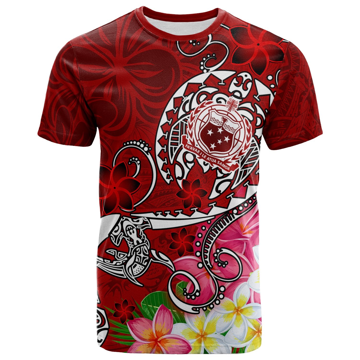 Samoa T Shirt Turtle Plumeria (Red) Unisex Red - Polynesian Pride