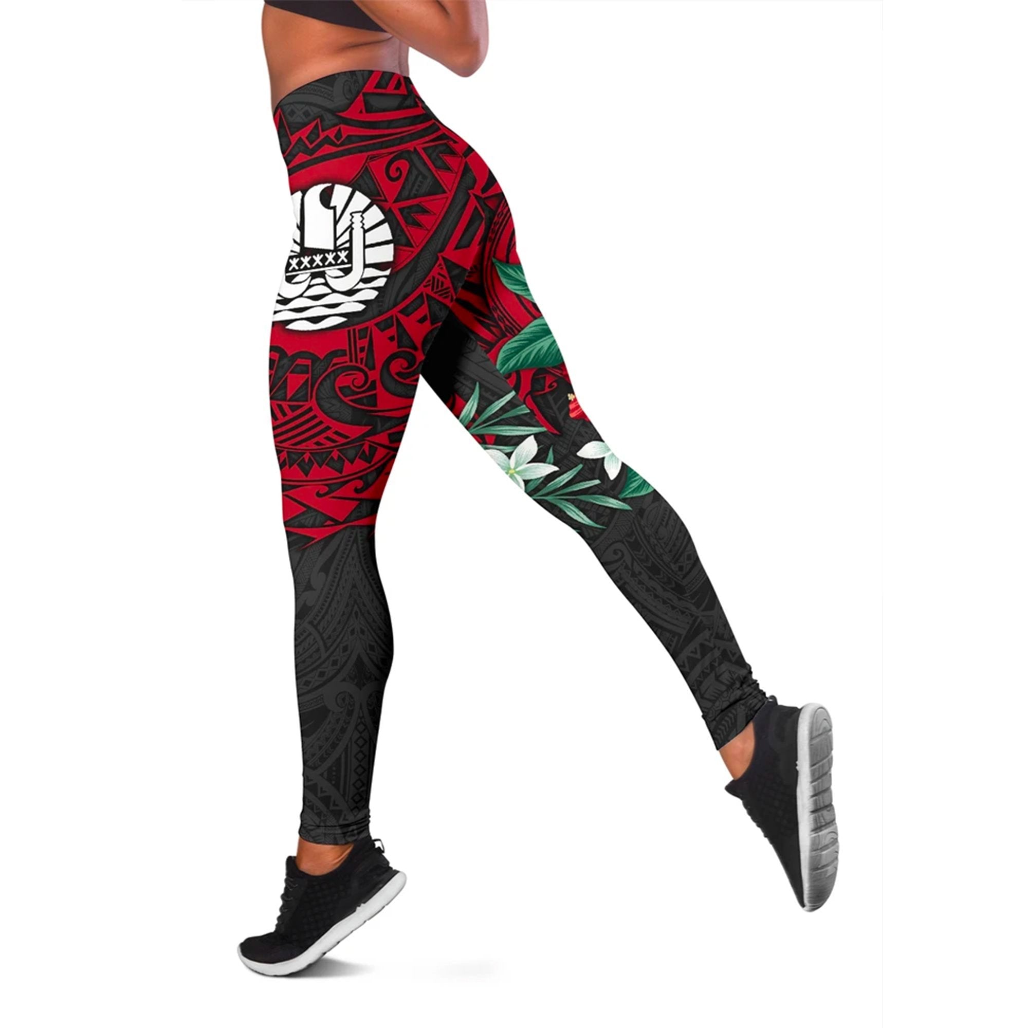 Tahiti Polynesian Leggings - Hibiscus and Sea Turtle (Red) Red - Polynesian Pride