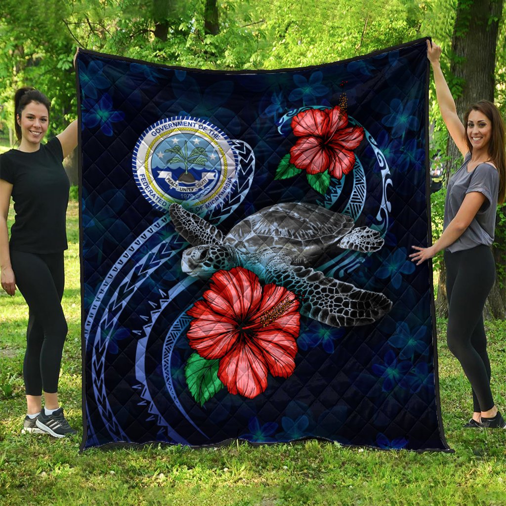 Federated States Of Micronesia Polynesian Premium Quilt - Blue Turtle Hibiscus Blue - Polynesian Pride