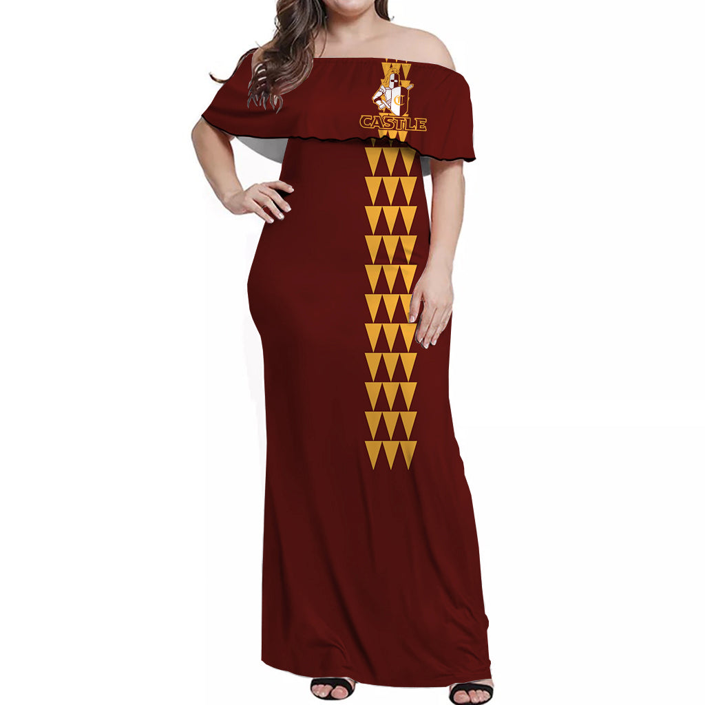 Castle High School Tattoo Tribal Off Shoulder Dress Ver01 - LT12 Long Dress Orange - Polynesian Pride