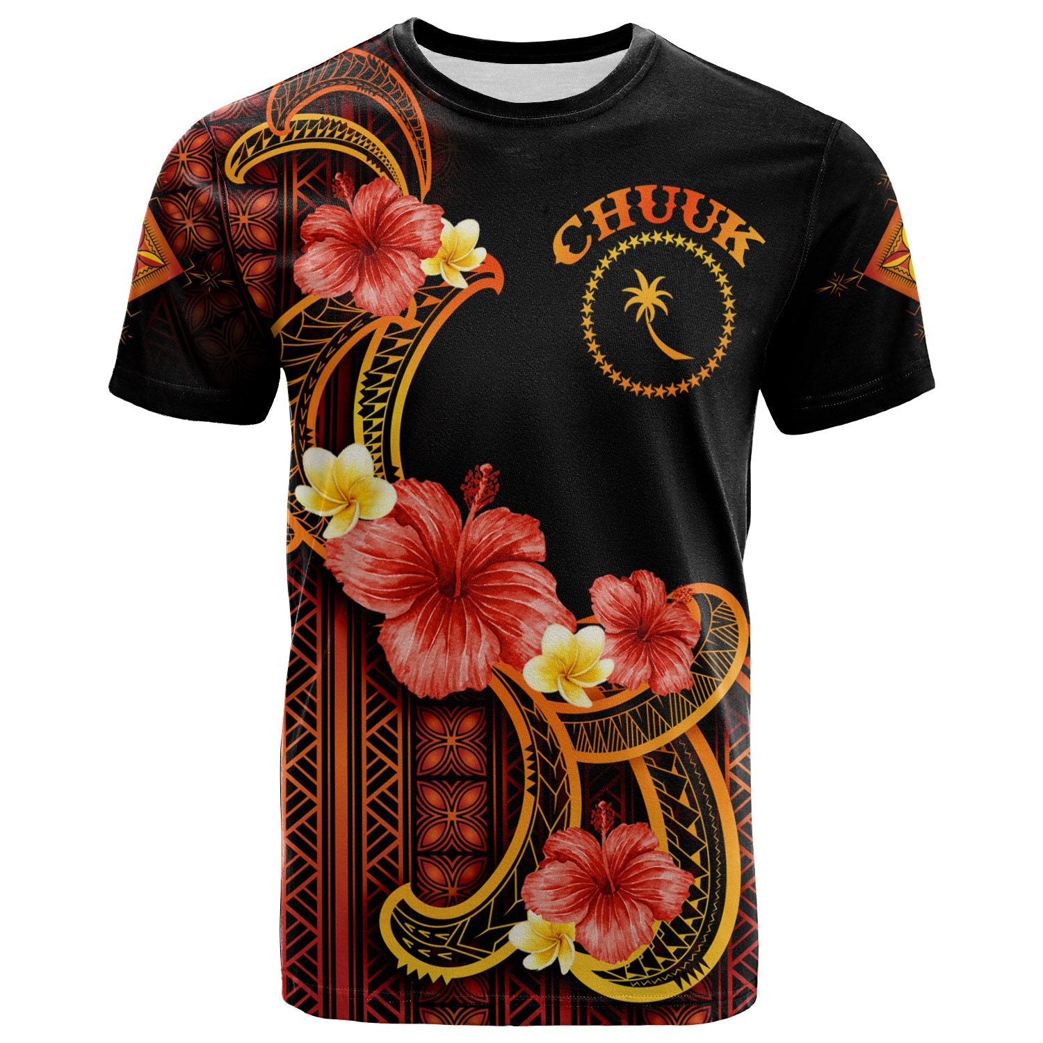 Chuuk T Shirt Hibiscus Plumeria Mix Tribal Leaves Unisex Orange - Polynesian Pride