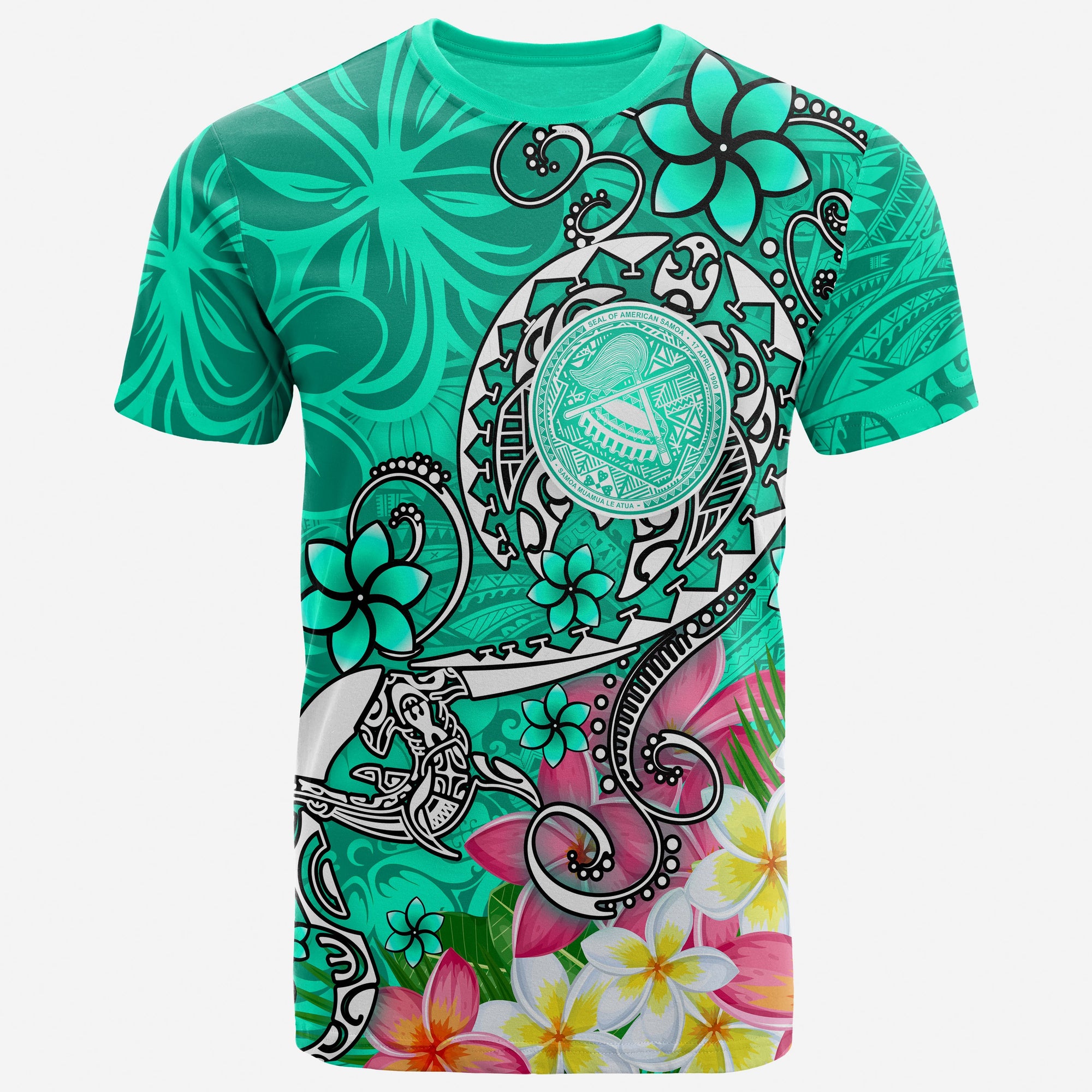 American Samoa Polynesian T Shirt Turtle Plumeria (Turquoise) Unisex Turquoise - Polynesian Pride