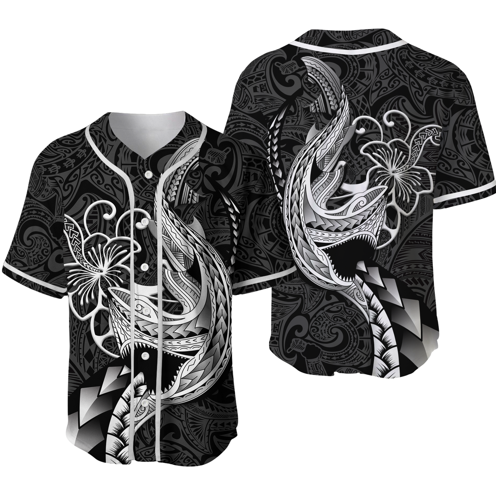 Polynesian Shark Tattoo Hawaii Tribal Baseball Jersey - LT12 Unisex Black - Polynesian Pride