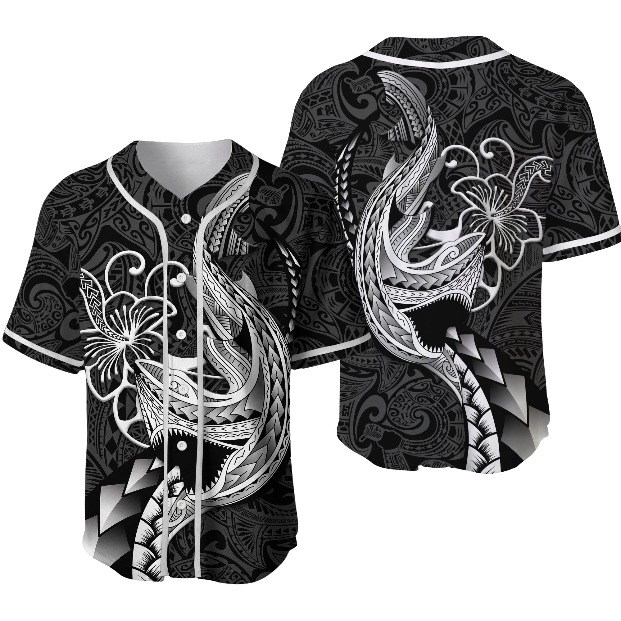 Polynesian Shark Tattoo Hawaii Tribal Baseball Jersey - LT12 Unisex Black - Polynesian Pride