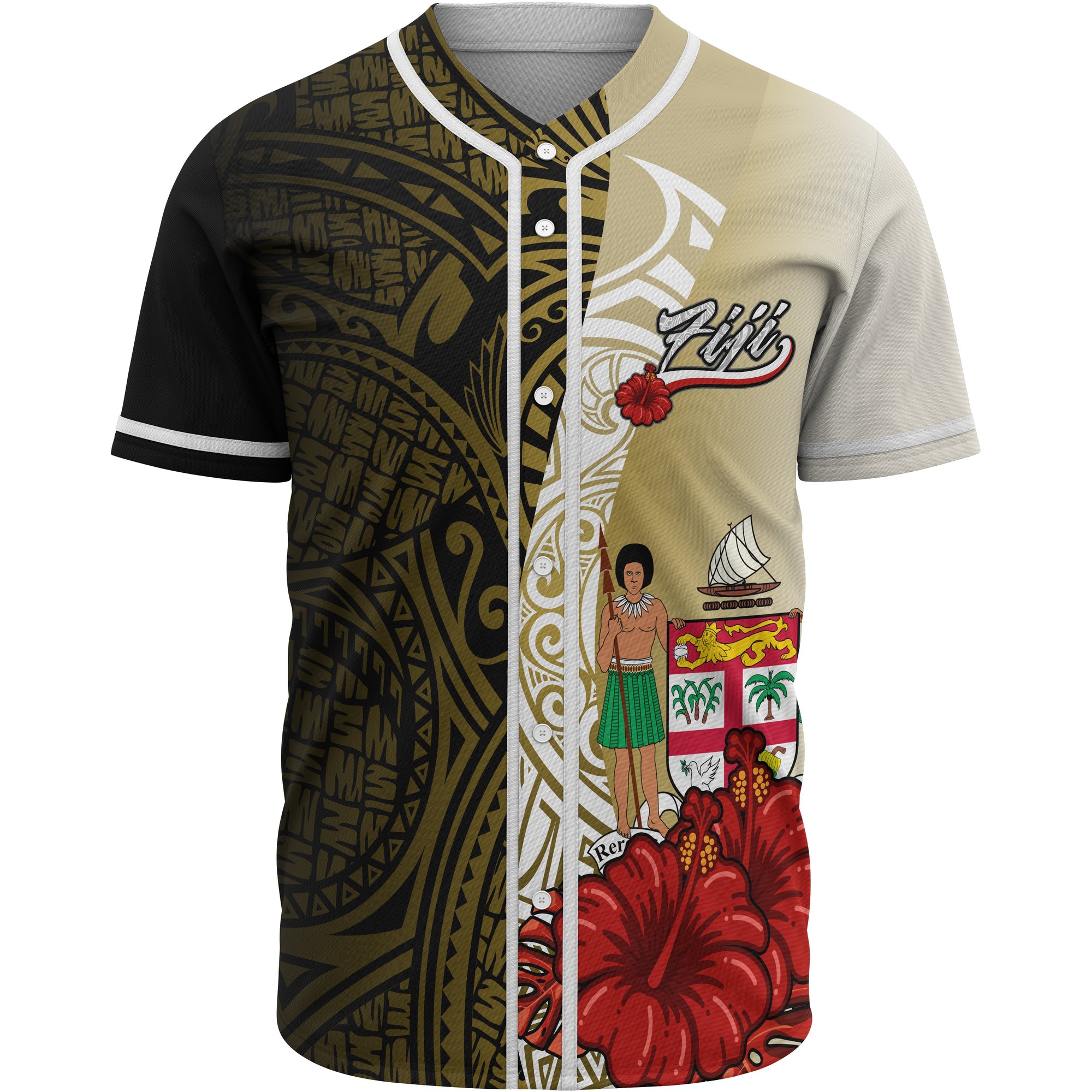 Fiji Polynesian Baseball Shirt - Coat Of Arm With Hibiscus Gold Unisex Gold - Polynesian Pride