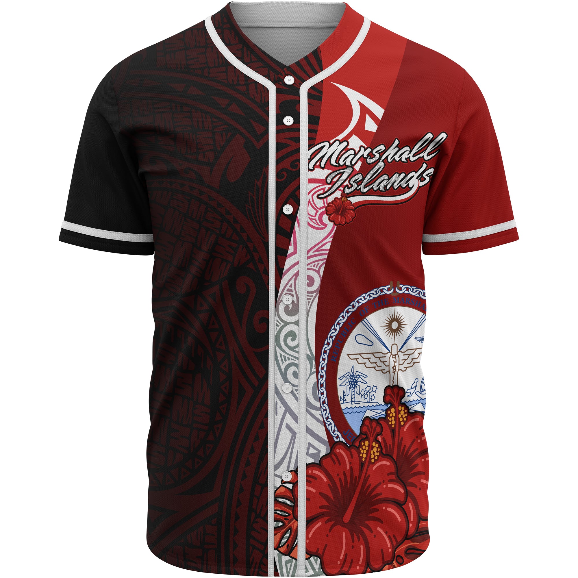 Marshall Islands Polynesian Baseball Shirt - Coat Of Arm With Hibiscus Unisex Red - Polynesian Pride