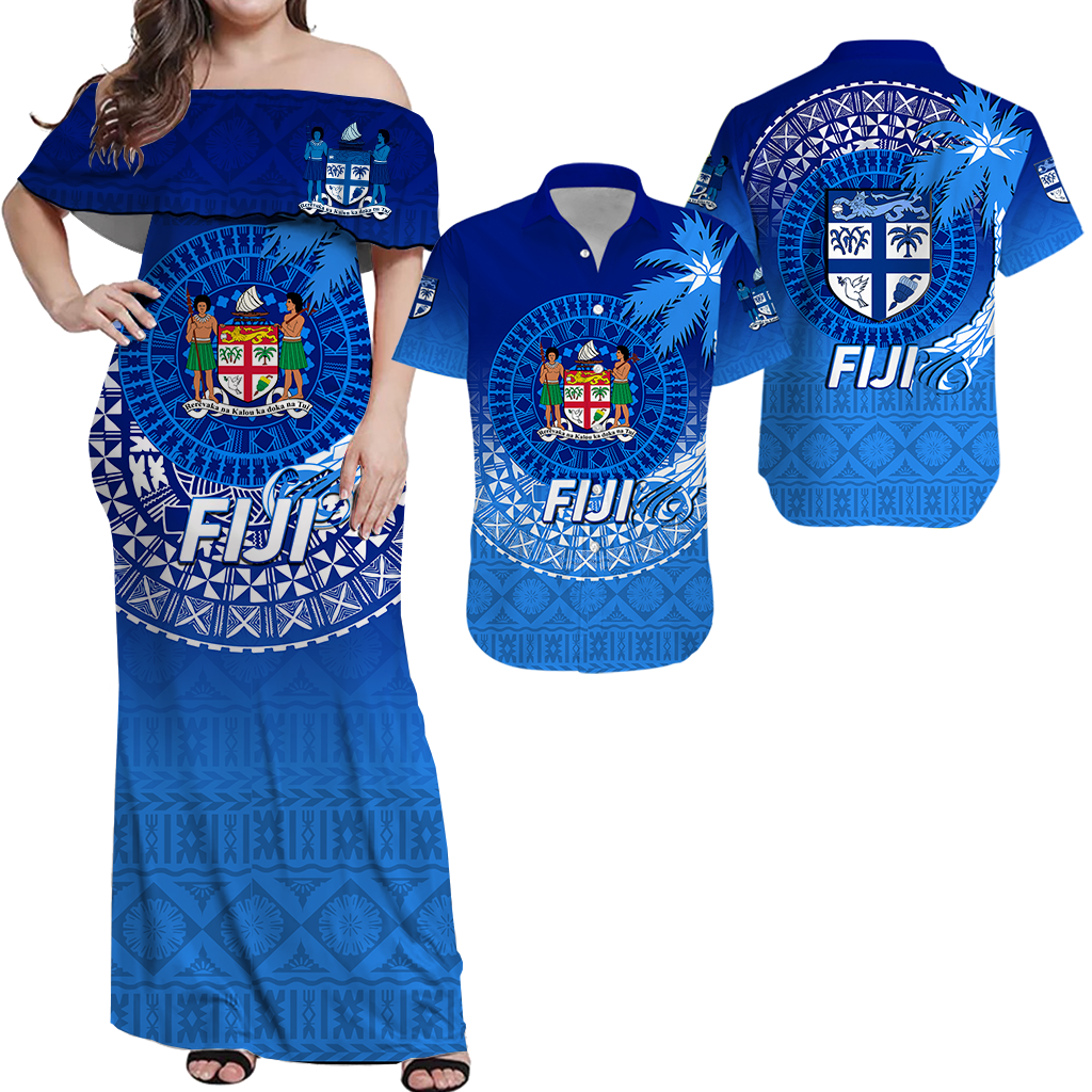 Polynesian Matching Hawaiian Shirt and Dress Fiji Tapa with Tribal Coconut Tree LT12 Blue - Polynesian Pride