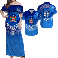 Polynesian Matching Hawaiian Shirt and Dress Fiji Tapa with Tribal Coconut Tree LT12 Blue - Polynesian Pride
