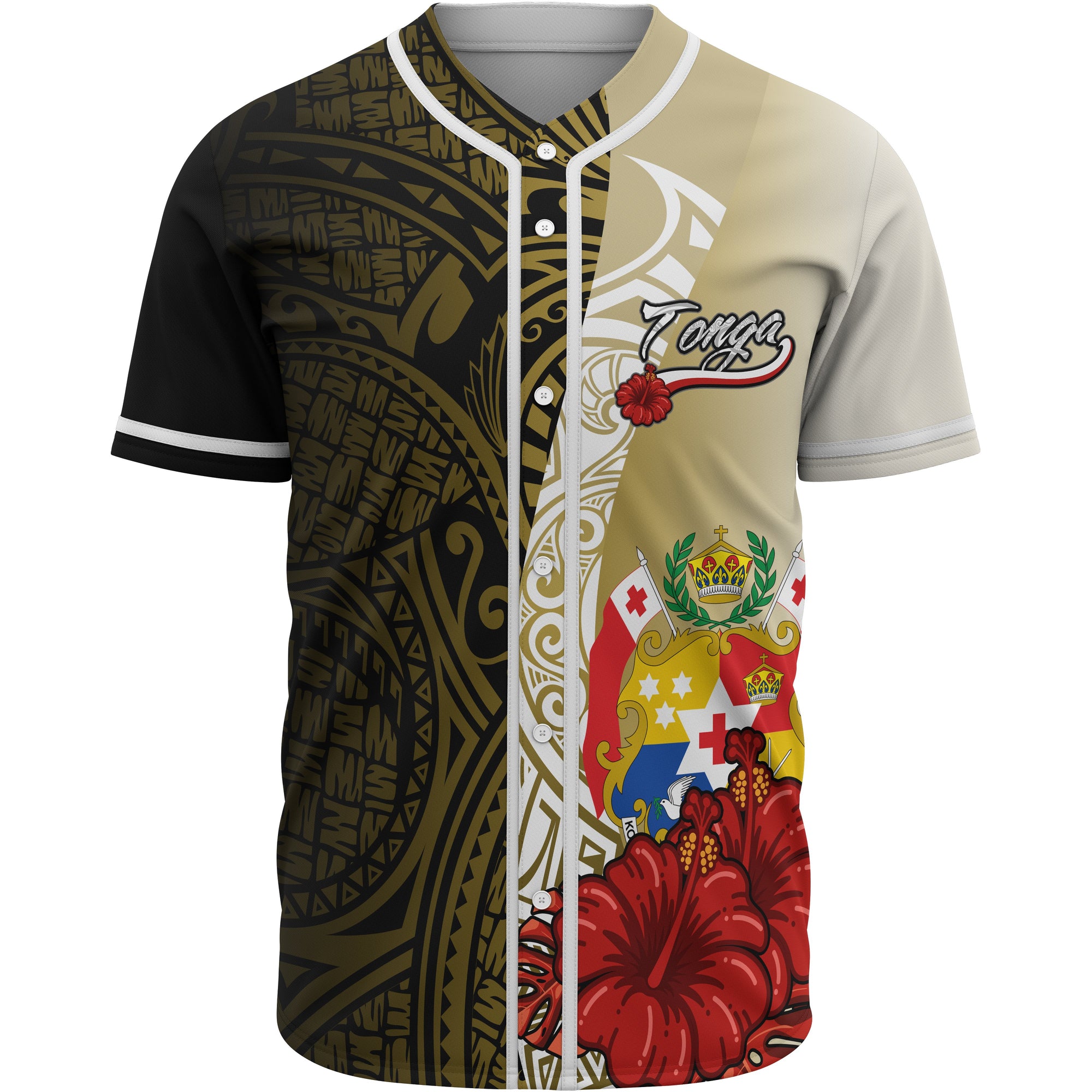 Tonga Polynesian Baseball Shirt - Coat Of Arm With Hibiscus Gold Unisex Gold - Polynesian Pride