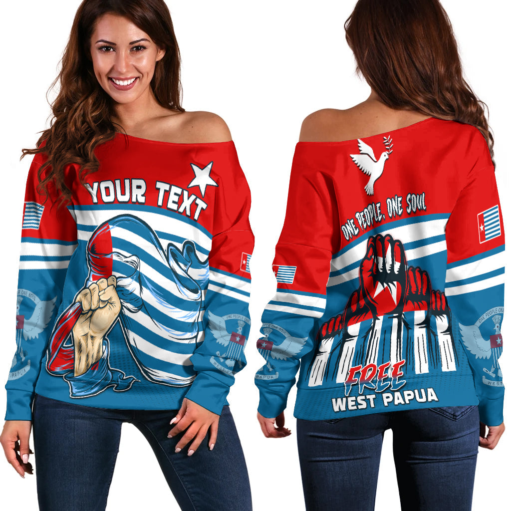 (Custom Personalised) Free West Papua Off Shoulder Sweater One People One Soul Strong West Papuan LT13 Women Blue - Polynesian Pride