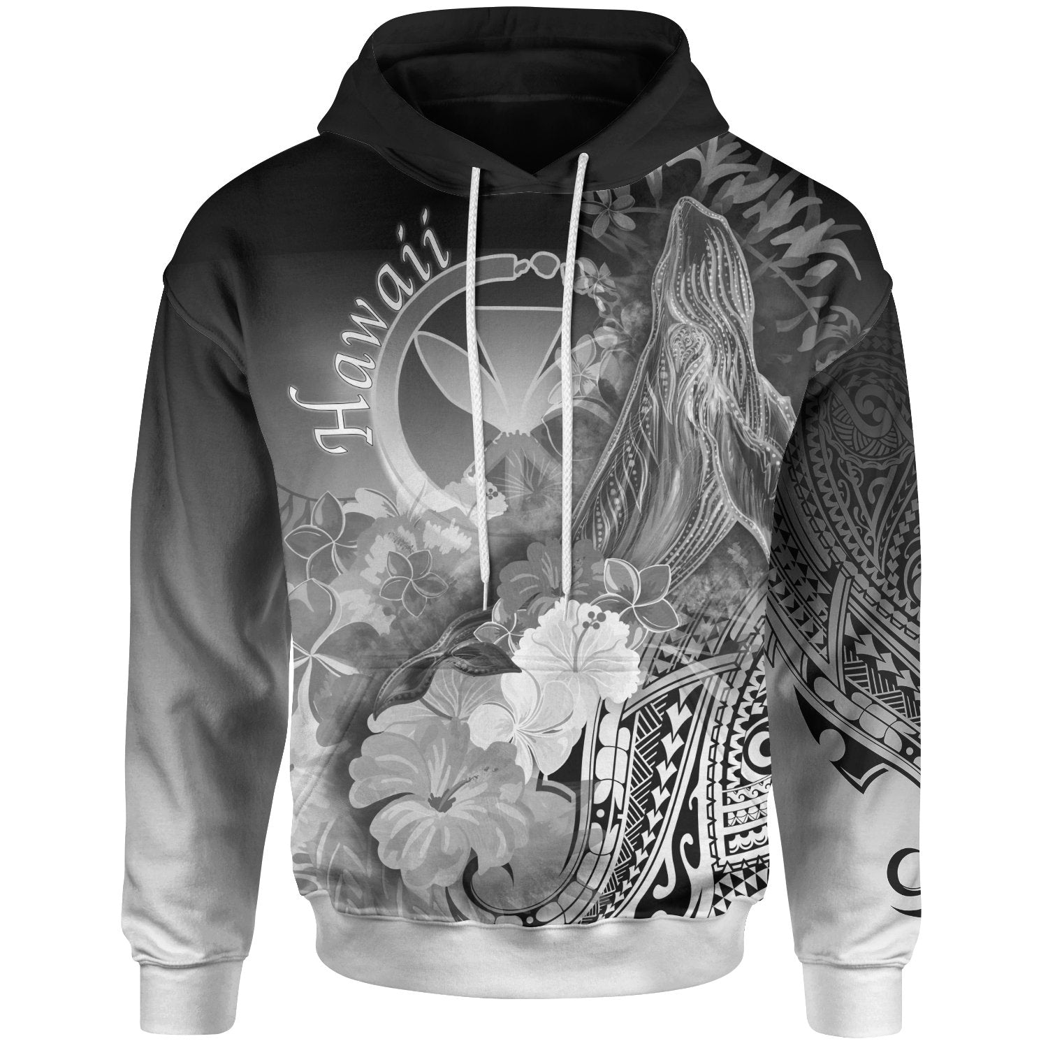 Polynesian Hawaii Hoodie Kanaka Maoli Humpback Whale with Tropical Flowers (White) Unisex White - Polynesian Pride