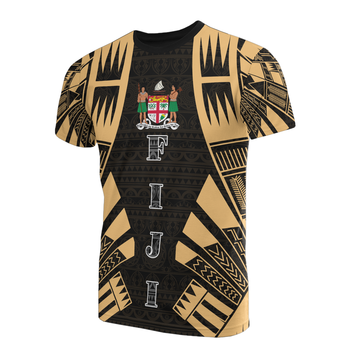 Fiji T Shirt Fijian Coat of Arms Polynesian Tattoo Gold Style Unisex Black-Gold - Polynesian Pride