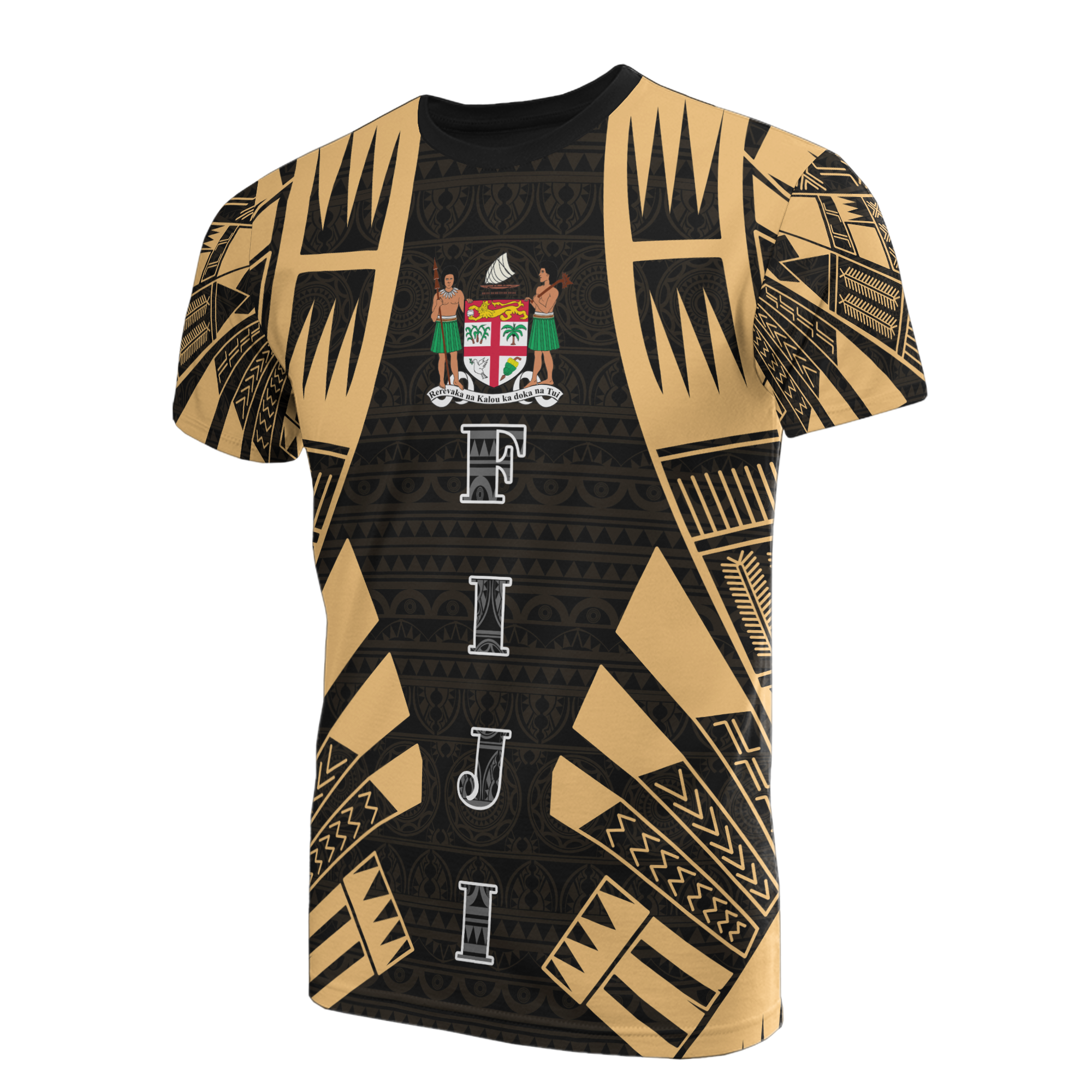 Fiji T Shirt Fijian Coat of Arms Polynesian Tattoo Gold Style Unisex Black-Gold - Polynesian Pride