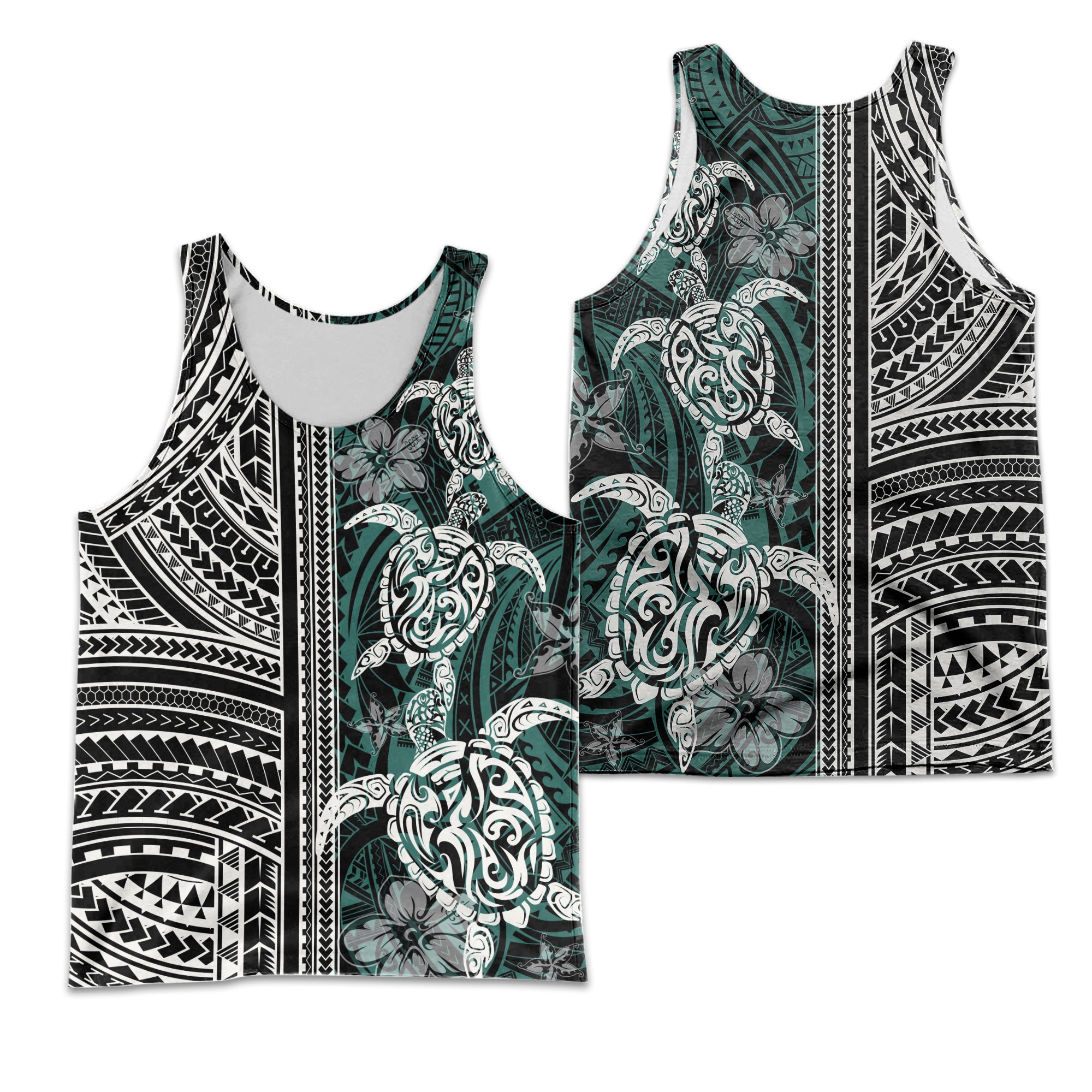 Polynesian Men's Tank Top - Turtle With Ethnic Motives And Floral Elements - LT20 Black - Polynesian Pride