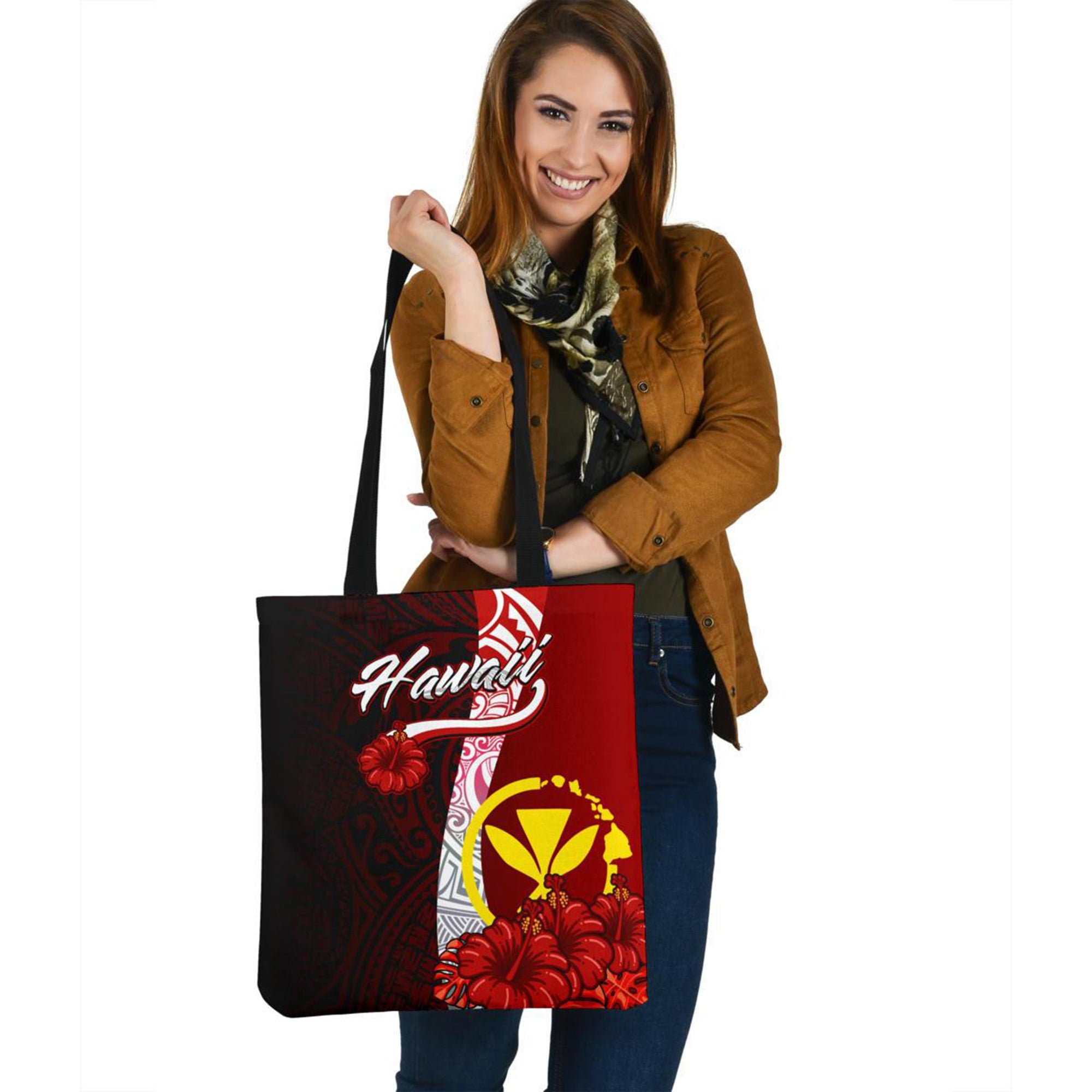 Hawaii Polynesian Tote Bag - Coat Of Arm With Hibiscus Tote Bag One Size Red - Polynesian Pride