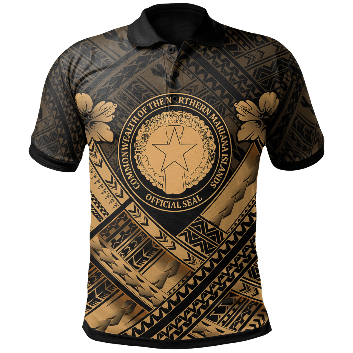 Northern Mariana Islands Polo Shirt CNMI Seal Camisole Hibiscus Style (Gold) Unisex Gold - Polynesian Pride