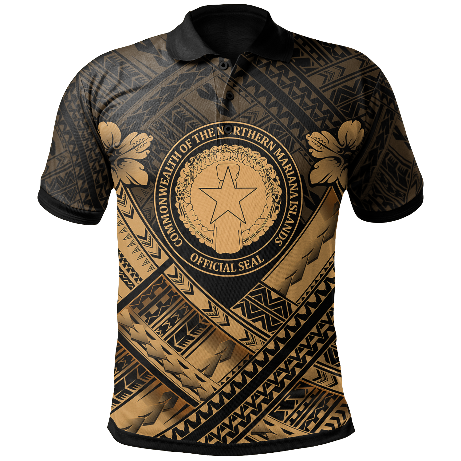 Northern Mariana Islands Polo Shirt CNMI Seal Camisole Hibiscus Style (Gold) Unisex Gold - Polynesian Pride