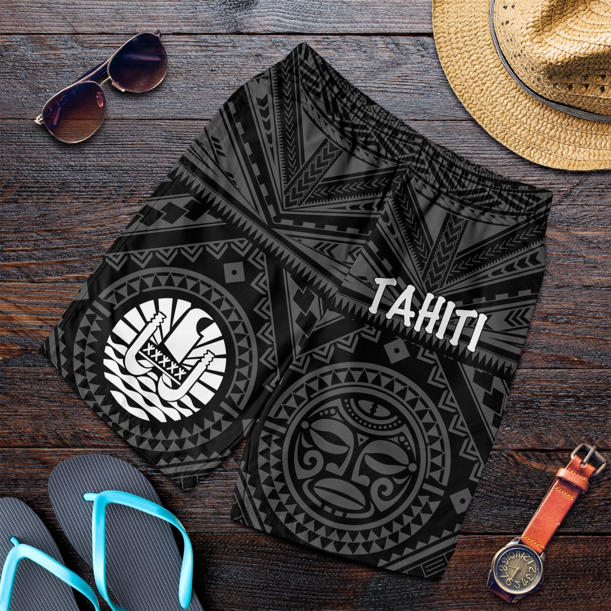 Tahiti Men's Short - Tahiti Seal In Polynesian Tattoo Style (Black) - Polynesian Pride