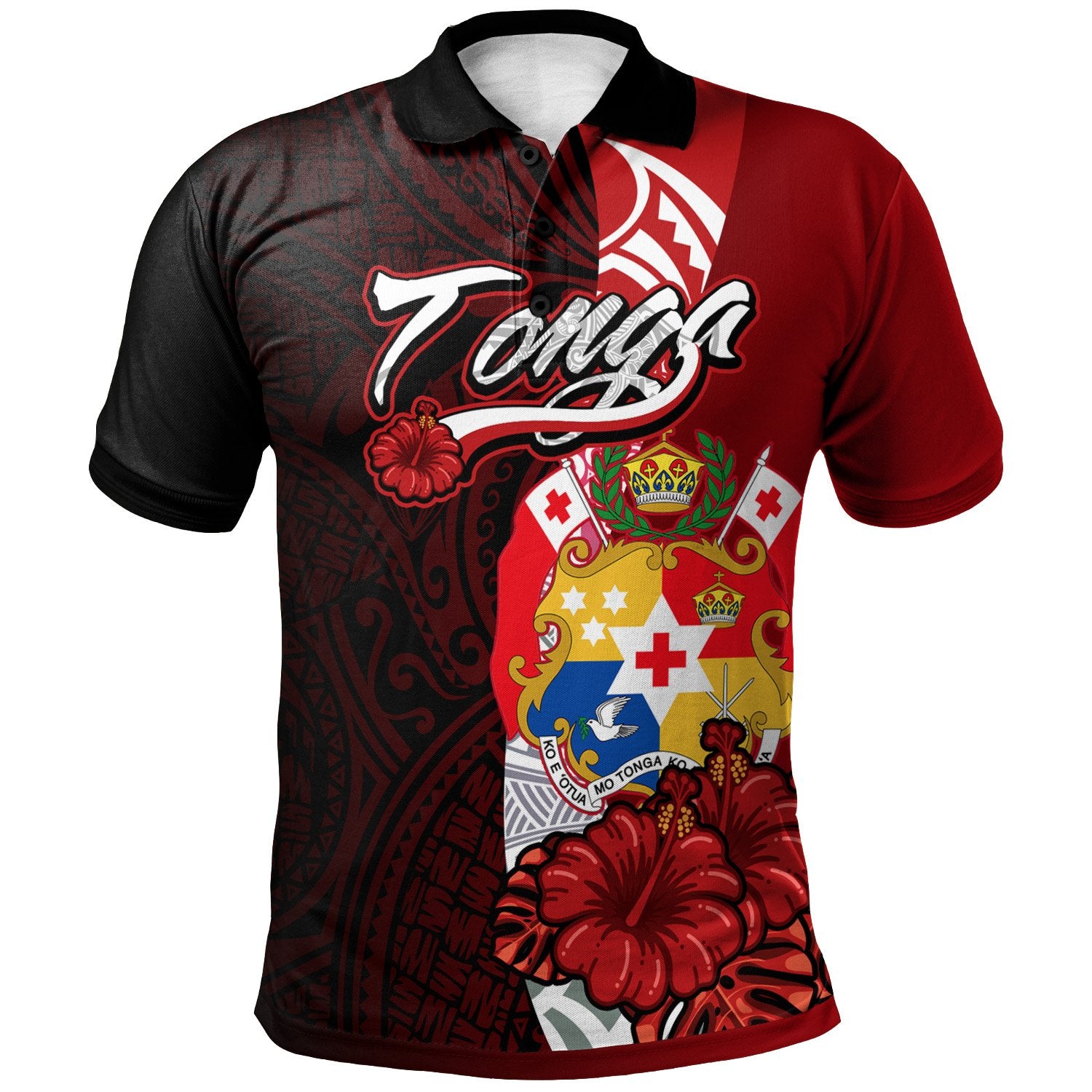 Tonga Polynesian Polo Shirt Coat Of Arm With Hibiscus Unisex Red - Polynesian Pride