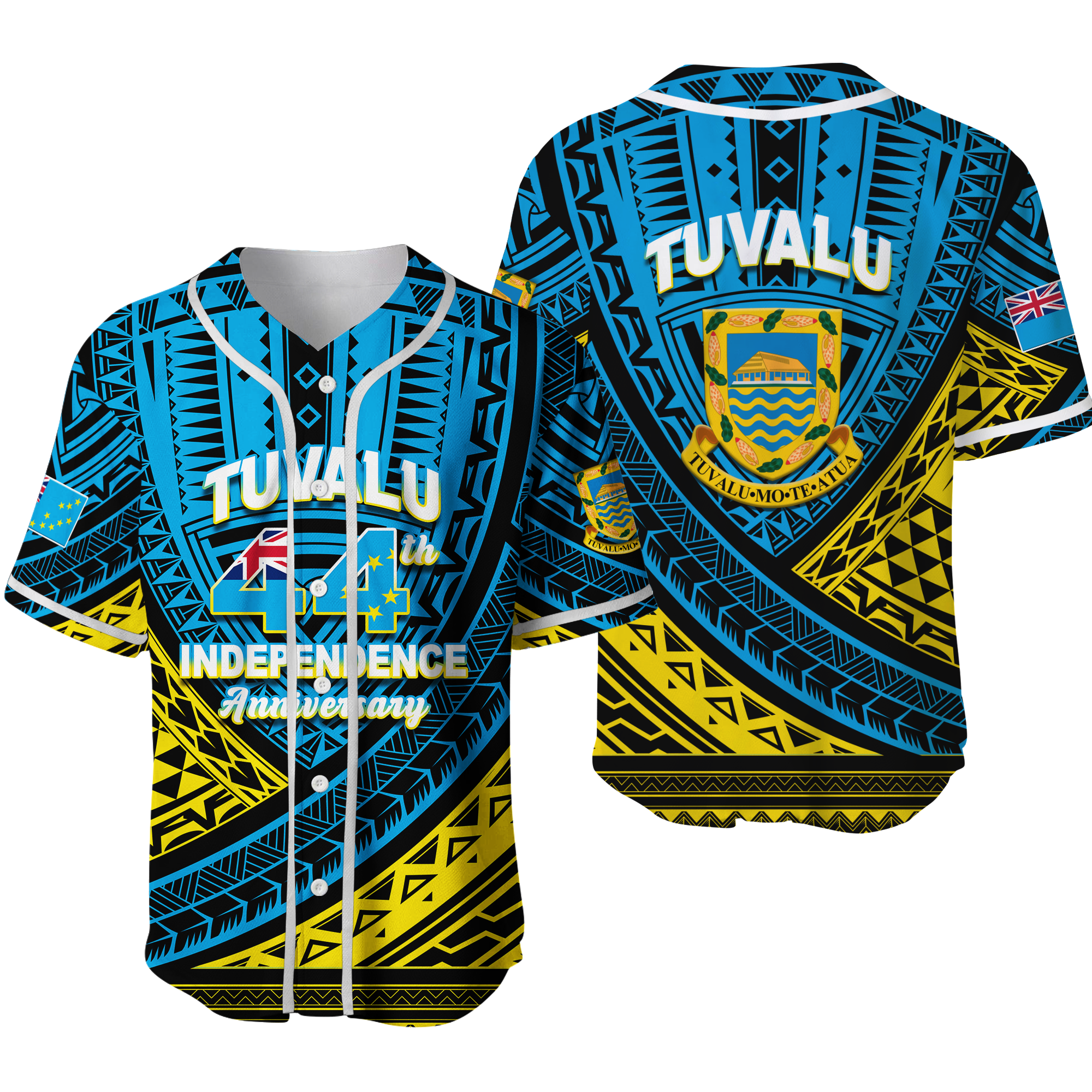 Tuvalu Baseball Jersey 44th Independence Anniversary - Tribal Pattern - LT12 Unisex Blue - Polynesian Pride