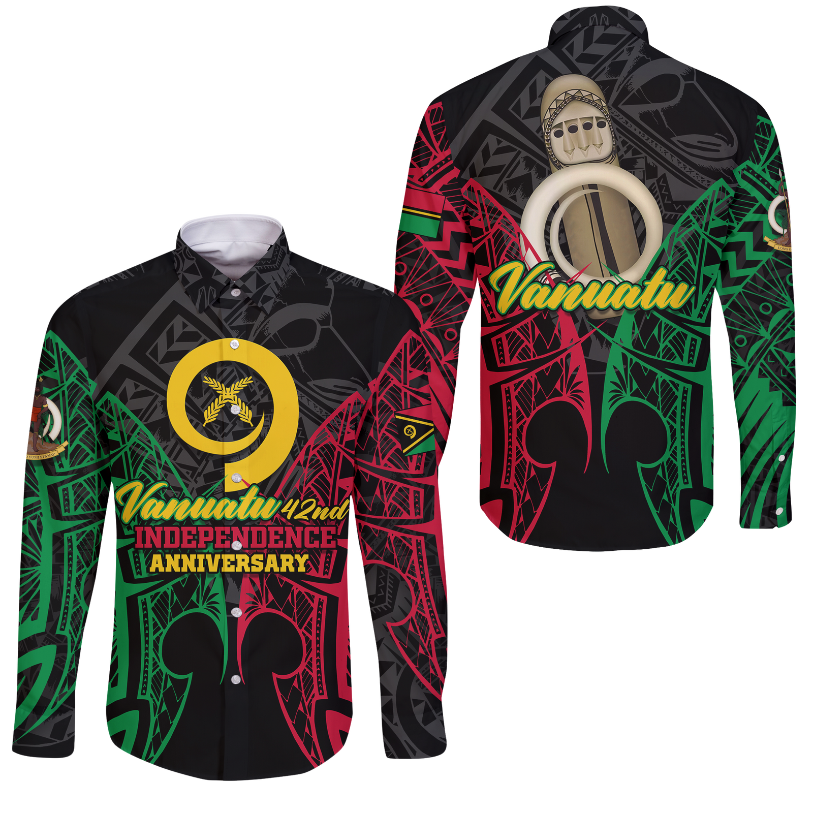 Vanuatu 42nd Independence Anniversary Pride Long Sleeve Button Shirt - LT12 Unisex Black - Polynesian Pride