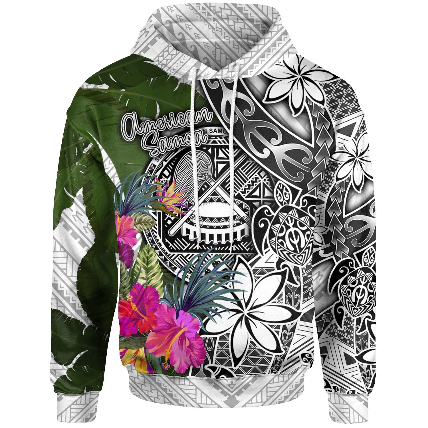 American Samoa Hoodie White Turtle Plumeria Banana Leaf Unisex White - Polynesian Pride