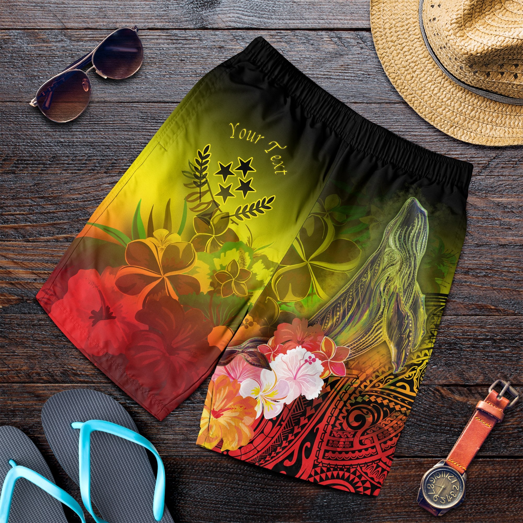 Kosrae Custom Personalised Men's Shorts - Humpback Whale with Tropical Flowers (Yellow) Yellow - Polynesian Pride