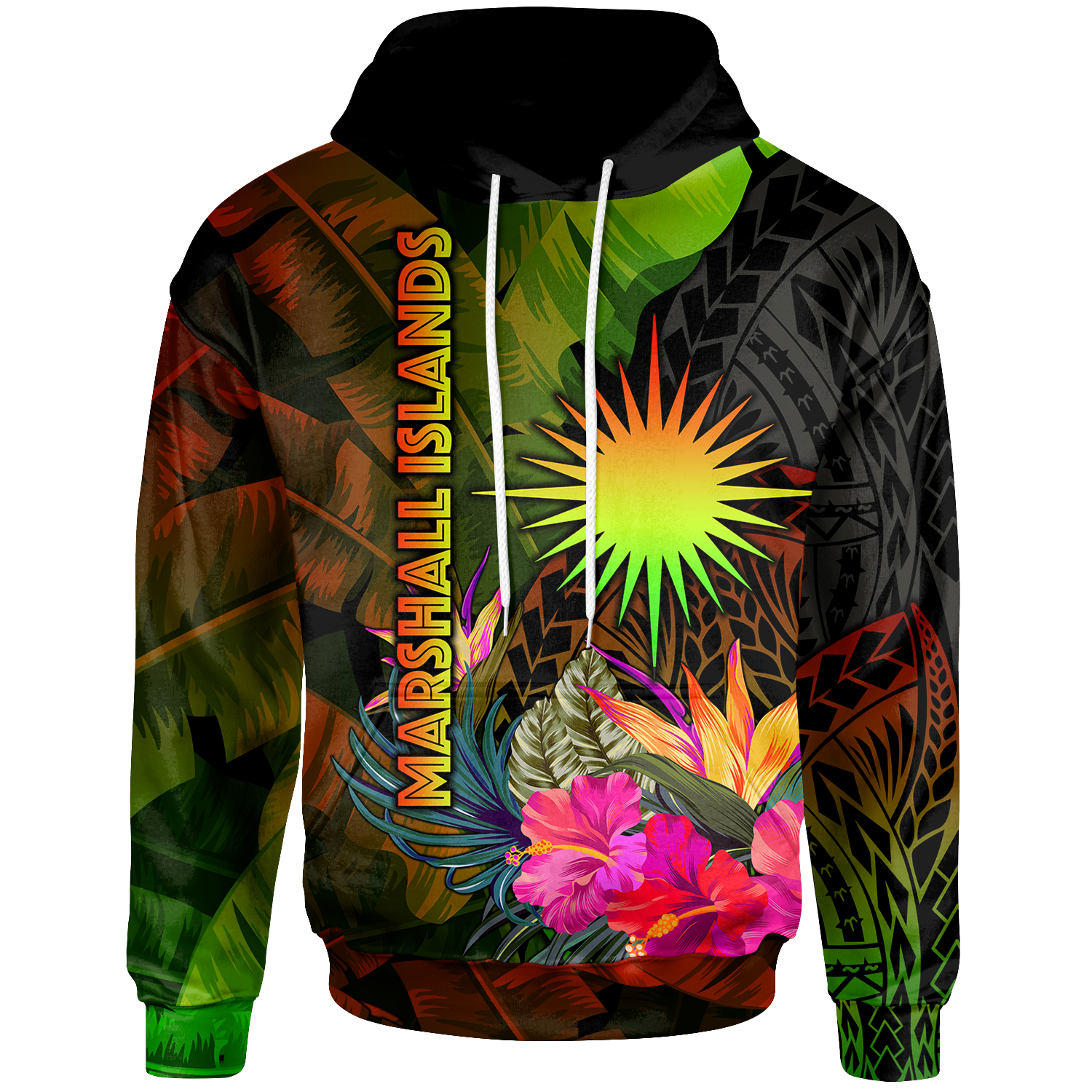 Marshall Islands Polynesian Hoodie Hibiscus and Banana Leaves Unisex Reggae - Polynesian Pride