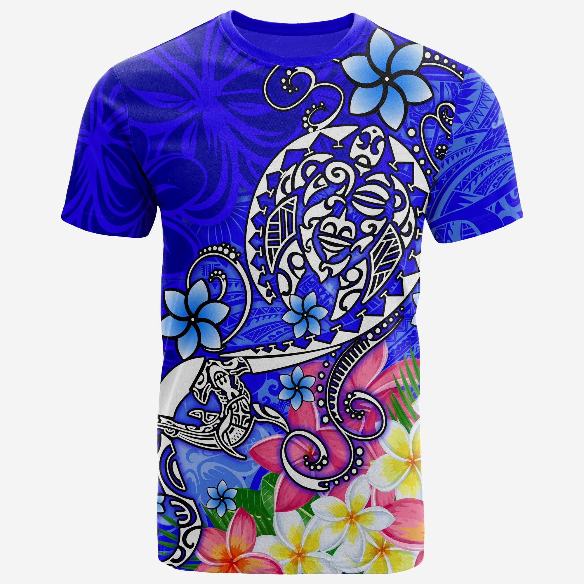 Polynesian T shirt Turtle Plumeria Blue Color Unisex Blue - Polynesian Pride