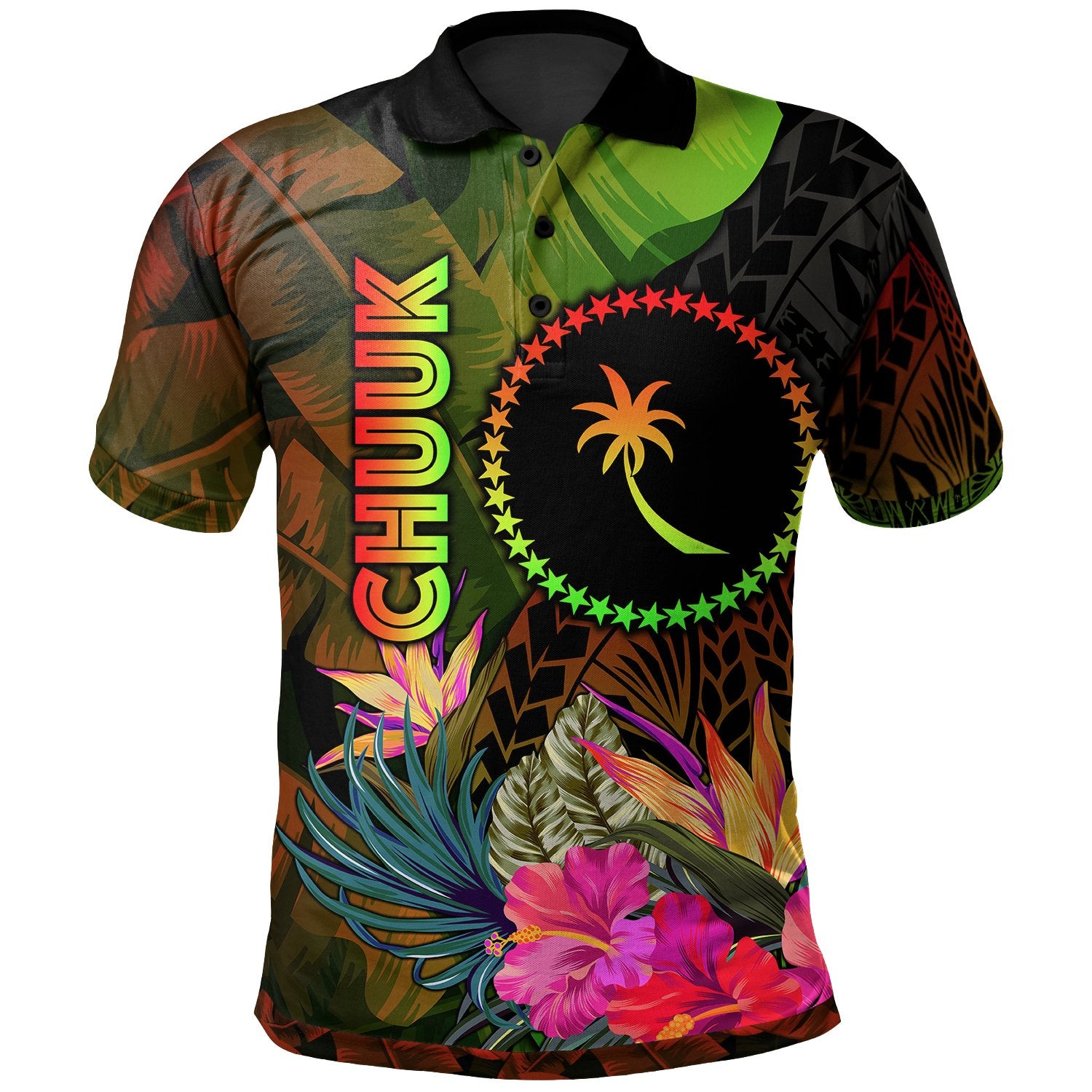 Chuuk Polynesian Polo Hibiscus and Banana Leaves Unisex Reggae - Polynesian Pride