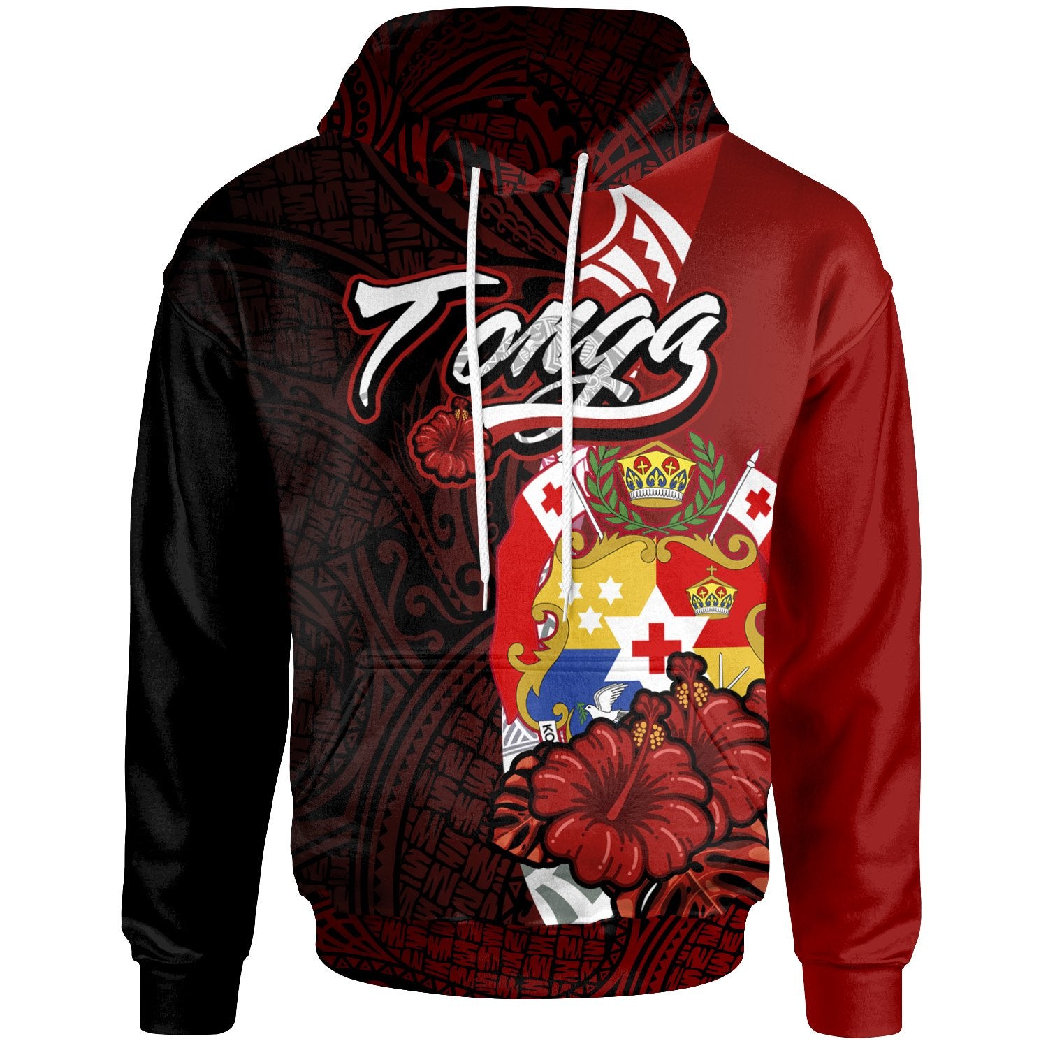 Tonga Polynesian Hoodie Coat of Arm With Hibiscus Unisex Red - Polynesian Pride