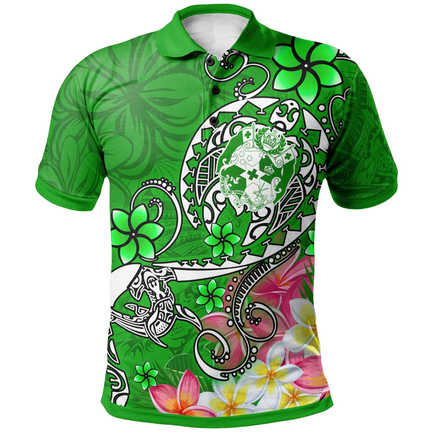 Tonga Polo Shirt Turtle Plumeria (GREEN) Unisex Green - Polynesian Pride