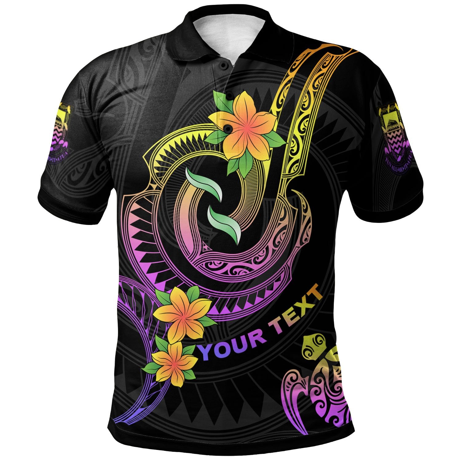 Tuvalu Custom Polo Shirt Plumeria Flowers with Spiral Patterns Unisex Black - Polynesian Pride