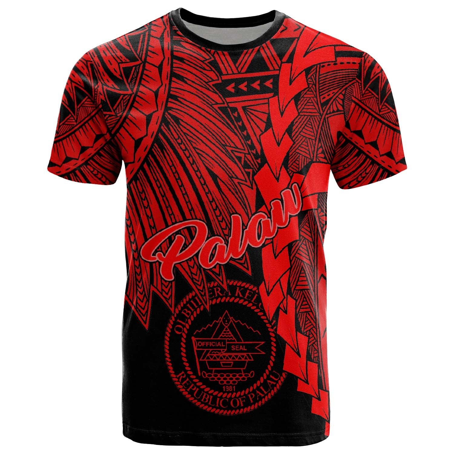 Palau Polynesian T Shirt Tribal Wave Tattoo Red Unisex Red - Polynesian Pride