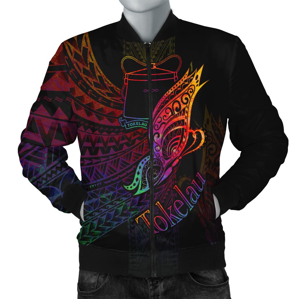 Tokelau Men's Bomber Jacket - Butterfly Polynesian Style Black - Polynesian Pride