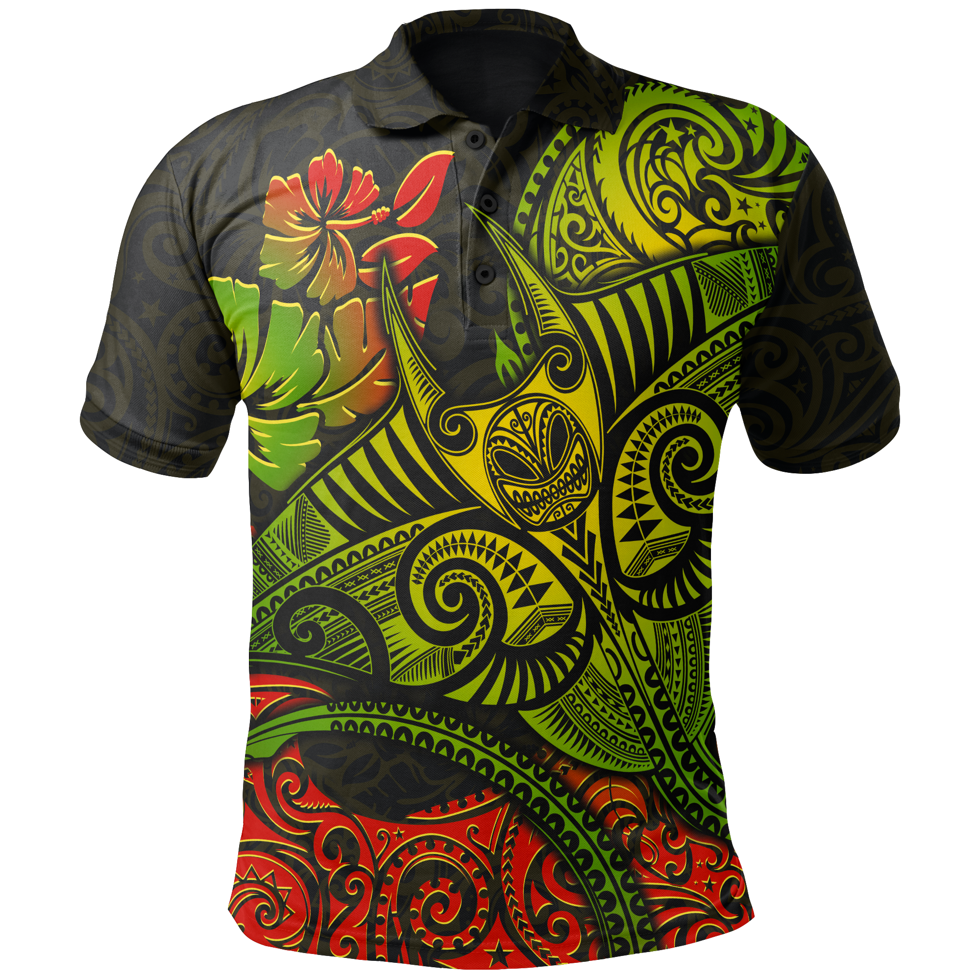 Hawaii Polo Shirt Polynesian Manta Ray Hibiscus Unisex BLACK - Polynesian Pride