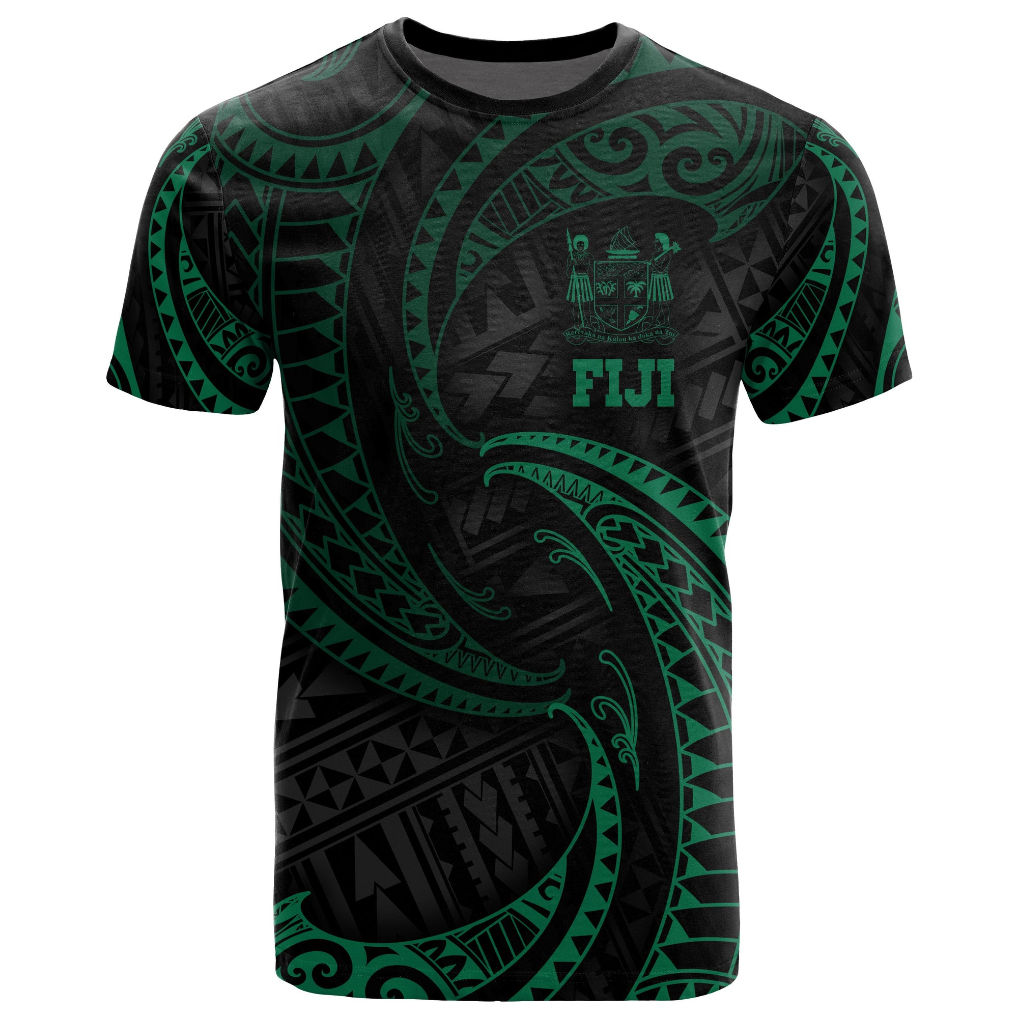 Fiji Polynesian All Over T Shirt Green Tribal Wave Unisex Green - Polynesian Pride