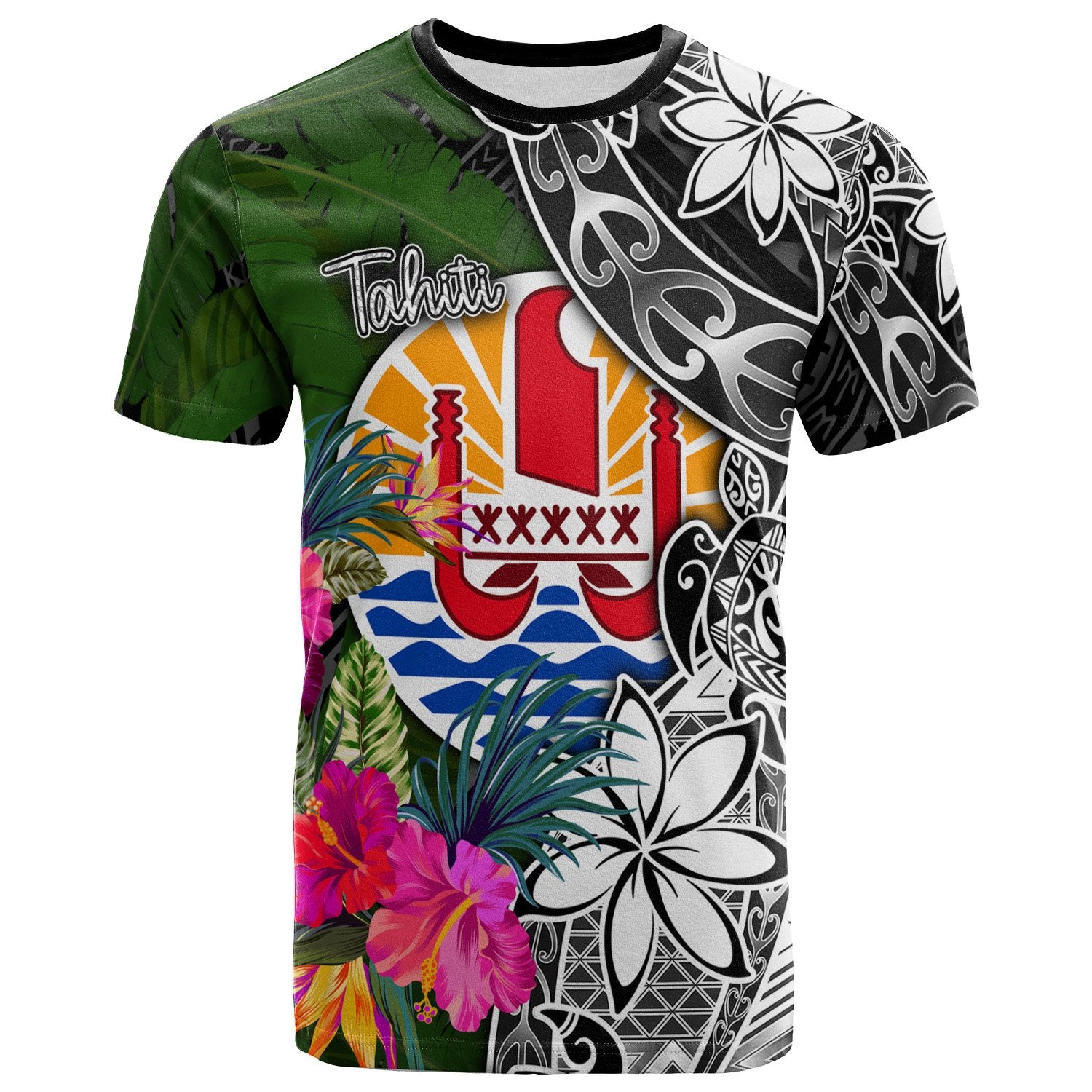 Tahiti T Shirt Turtle Plumeria Banana Leaf Unisex Black - Polynesian Pride