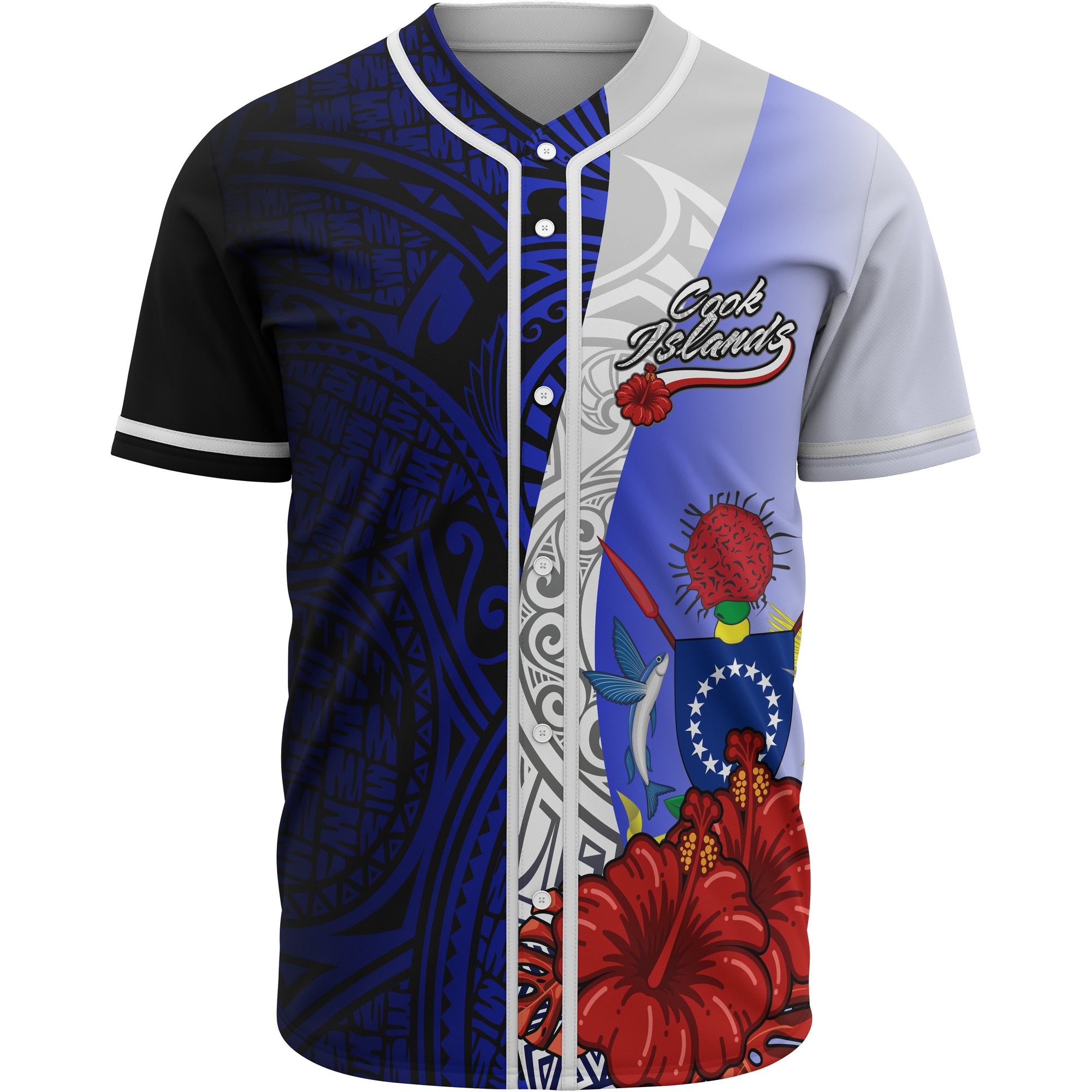 Cook Islands Polynesian Baseball Shirt - Coat Of Arm With Hibiscus Blue Unisex Blue - Polynesian Pride