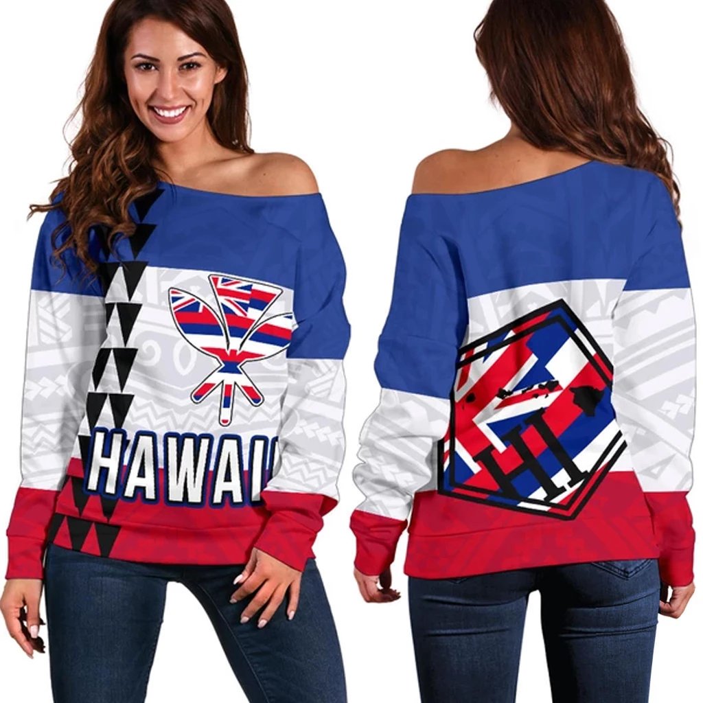 Hawaii Flag Polynesian Women's Off Shoulder Sweater White - Polynesian Pride