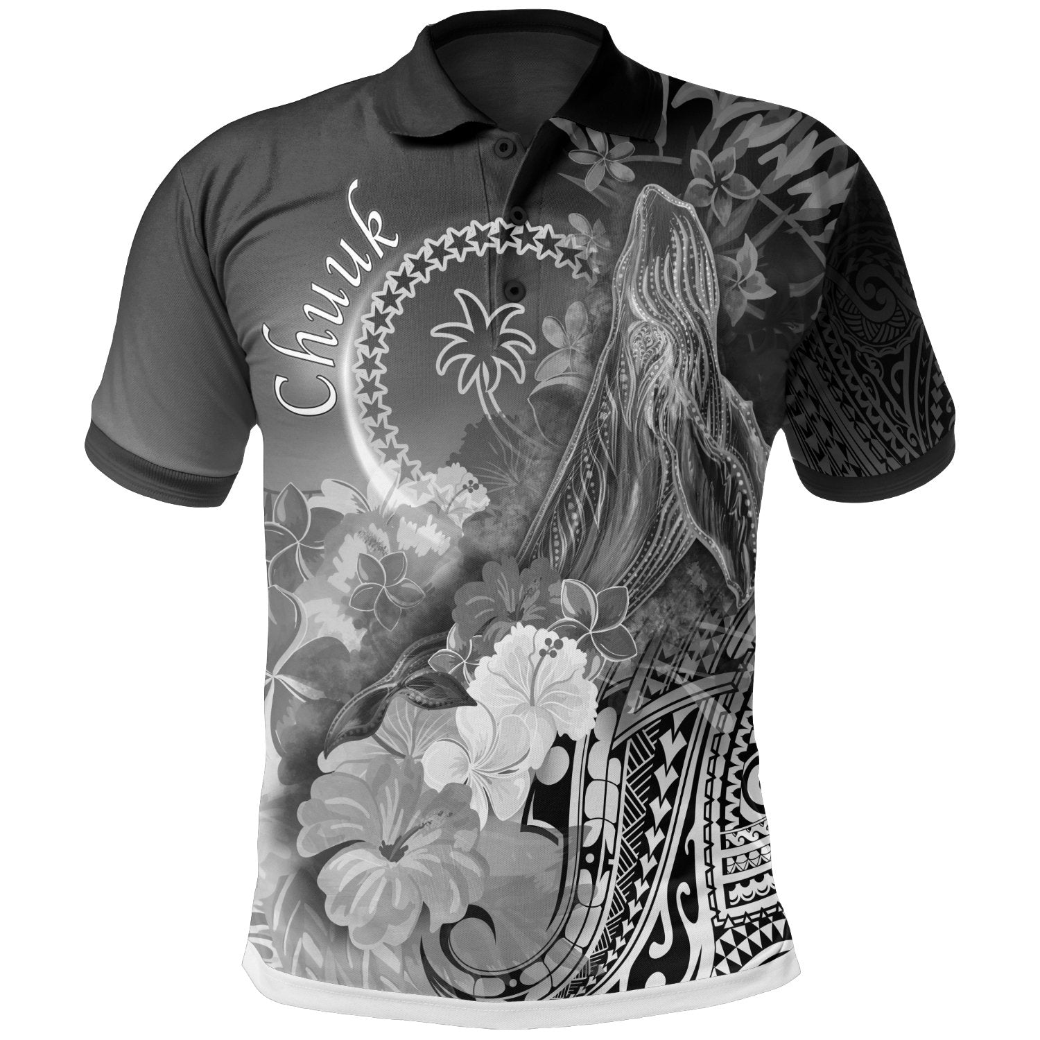 Chuuk Polo Shirt Humpback Whale with Tropical Flowers (White) Unisex White - Polynesian Pride