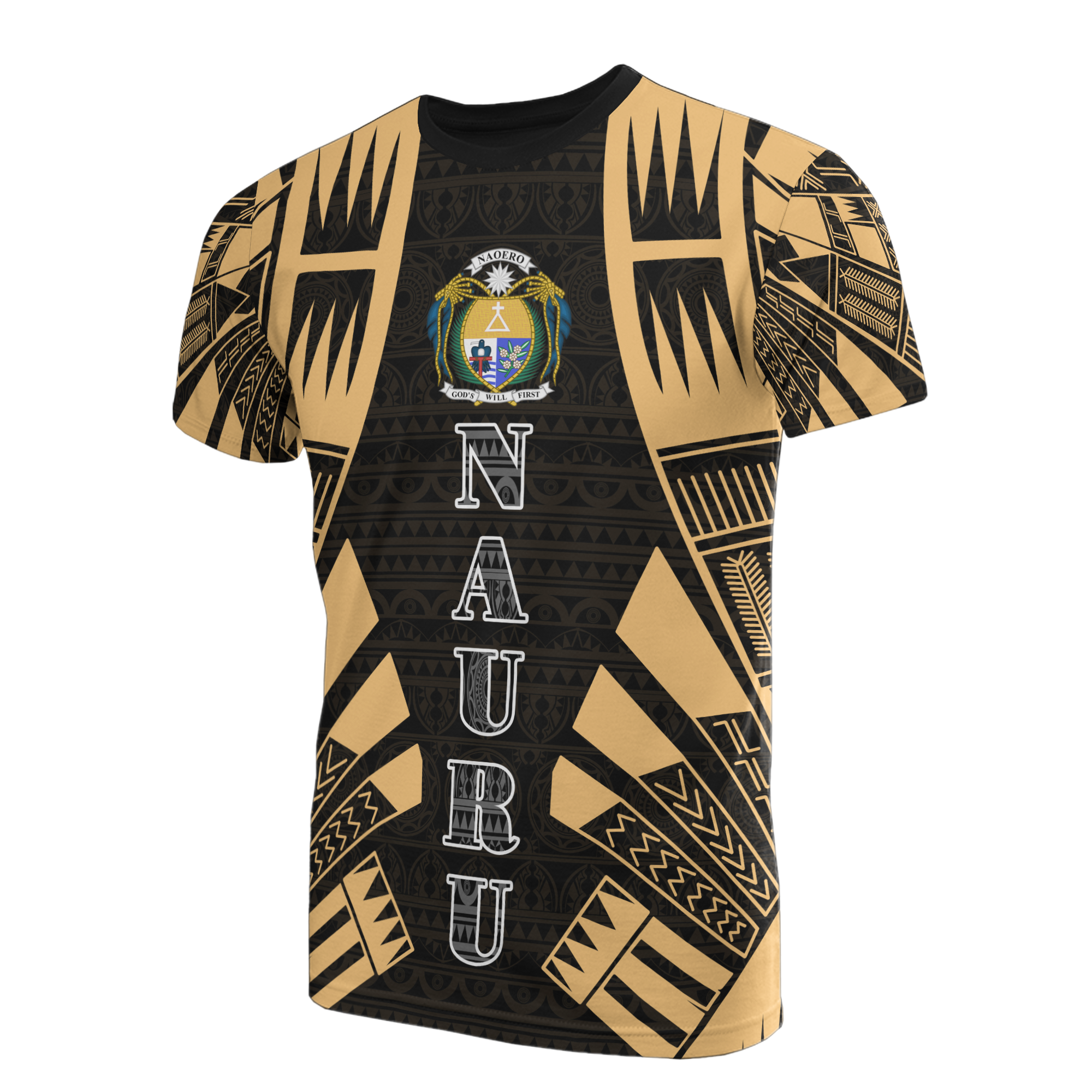 Nauru T Shirt Nauru Coat Of Arms Polynesian Tattoo Gold Style Unisex Black-Gold - Polynesian Pride