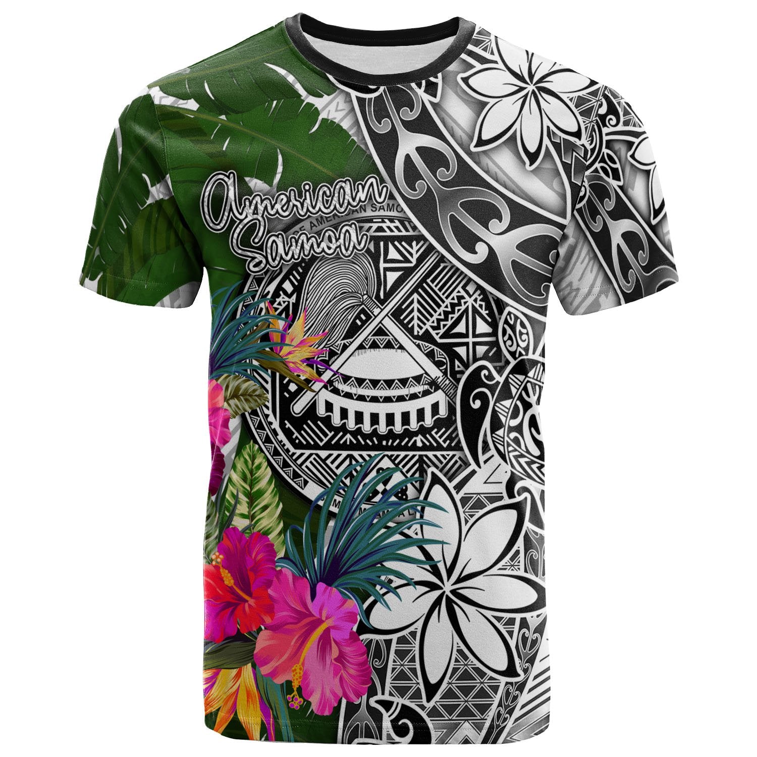 American Samoa T Shirt White Turtle Plumeria Banana Leaf Unisex Art - Polynesian Pride